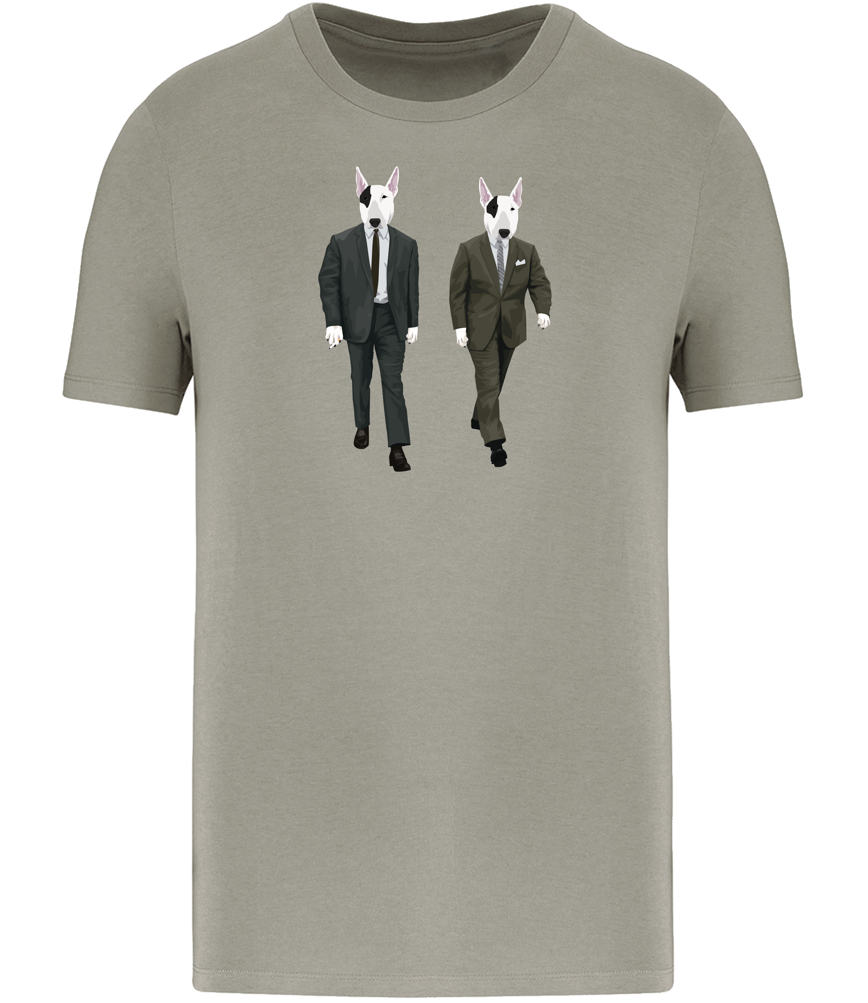 Almond Green T-shirt printed with 2 identical looking English Bull Terrier Dogs wearing suits and ties