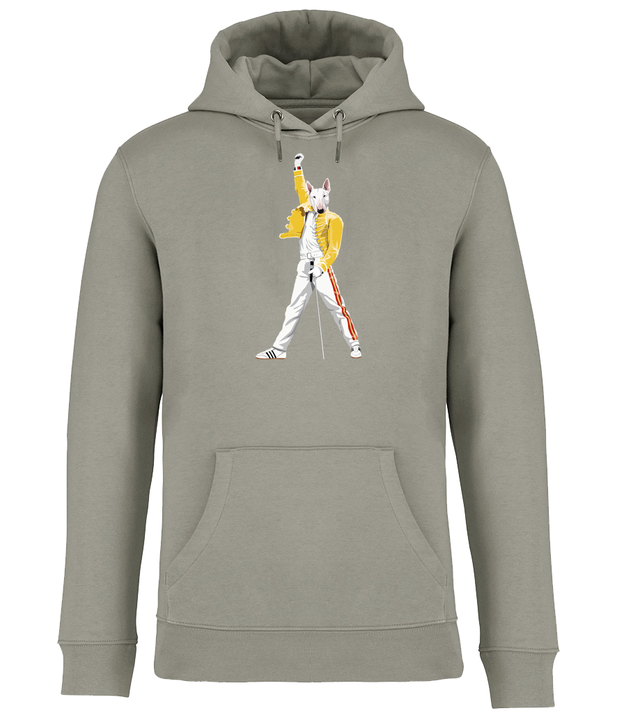 Almond Green Hoodie printed with an English Bull Terrier Dog Dressed up like the pop Icon Freddie mercury holding a microphone