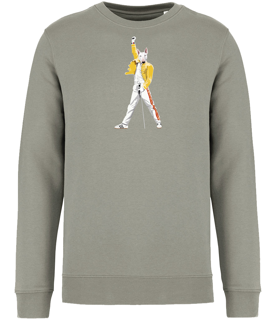 Almond Green Sweatshirt printed with an English Bull Terrier Dog Dressed up like the pop Icon Freddie mercury holding a microphone