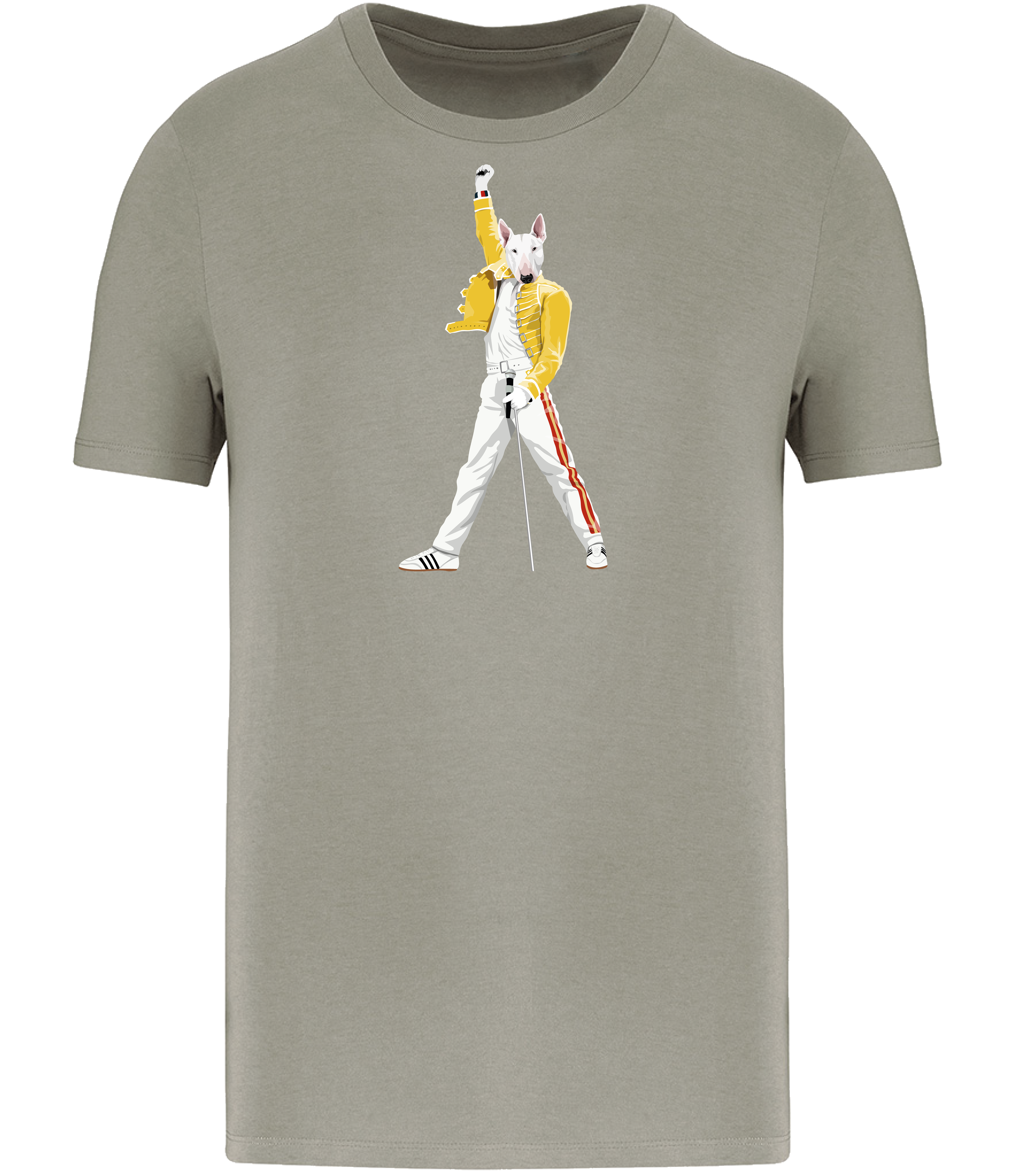 Almond Green T-shirt printed with an English Bull Terrier Dog Dressed up like the pop Icon Freddie mercury holding a microphone