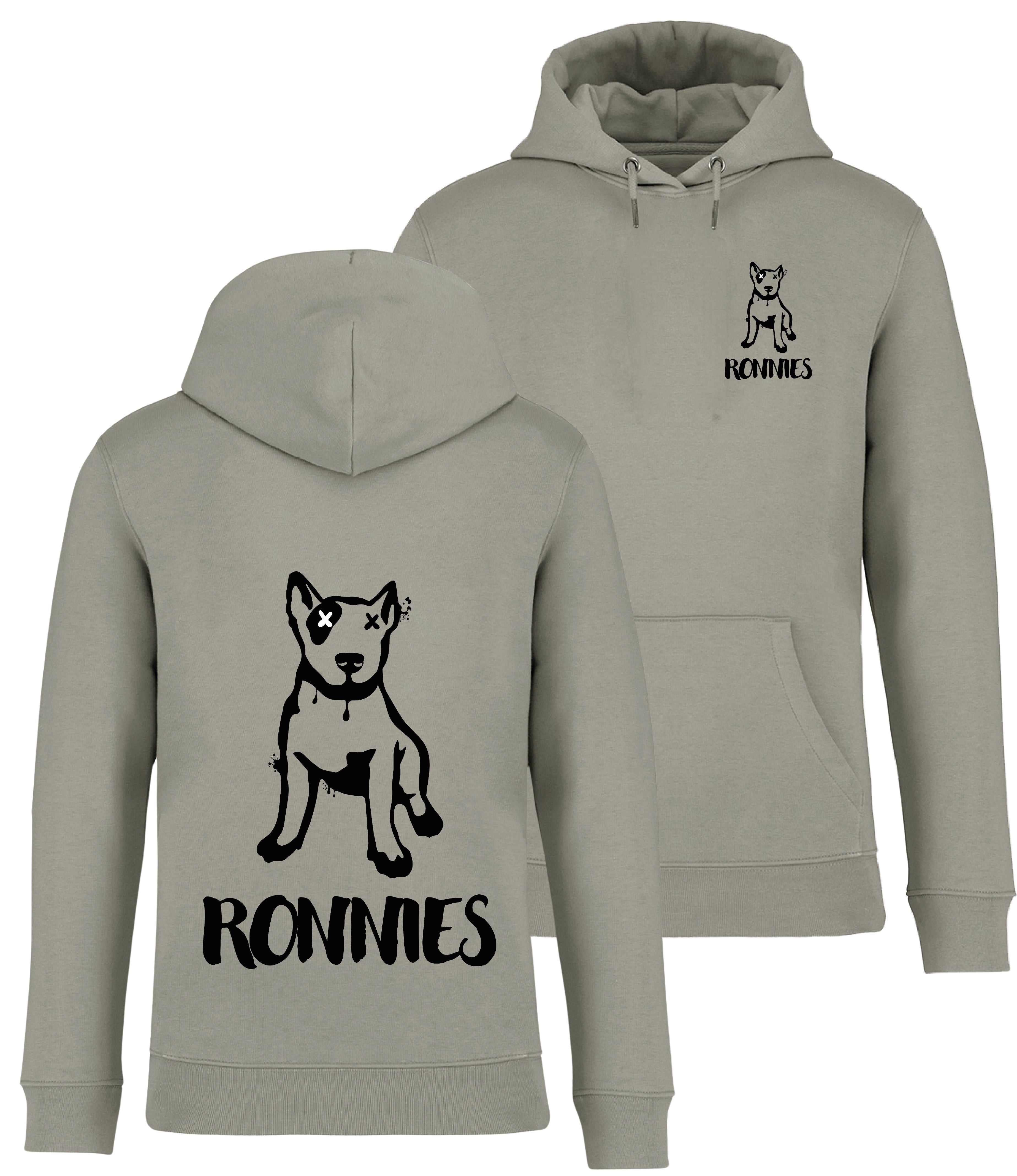 Ronnies Casuals Almond Green Hoodie printed with a small English bull terrier dog drawing with Ronnies written underneath and the same image on the back much bigger