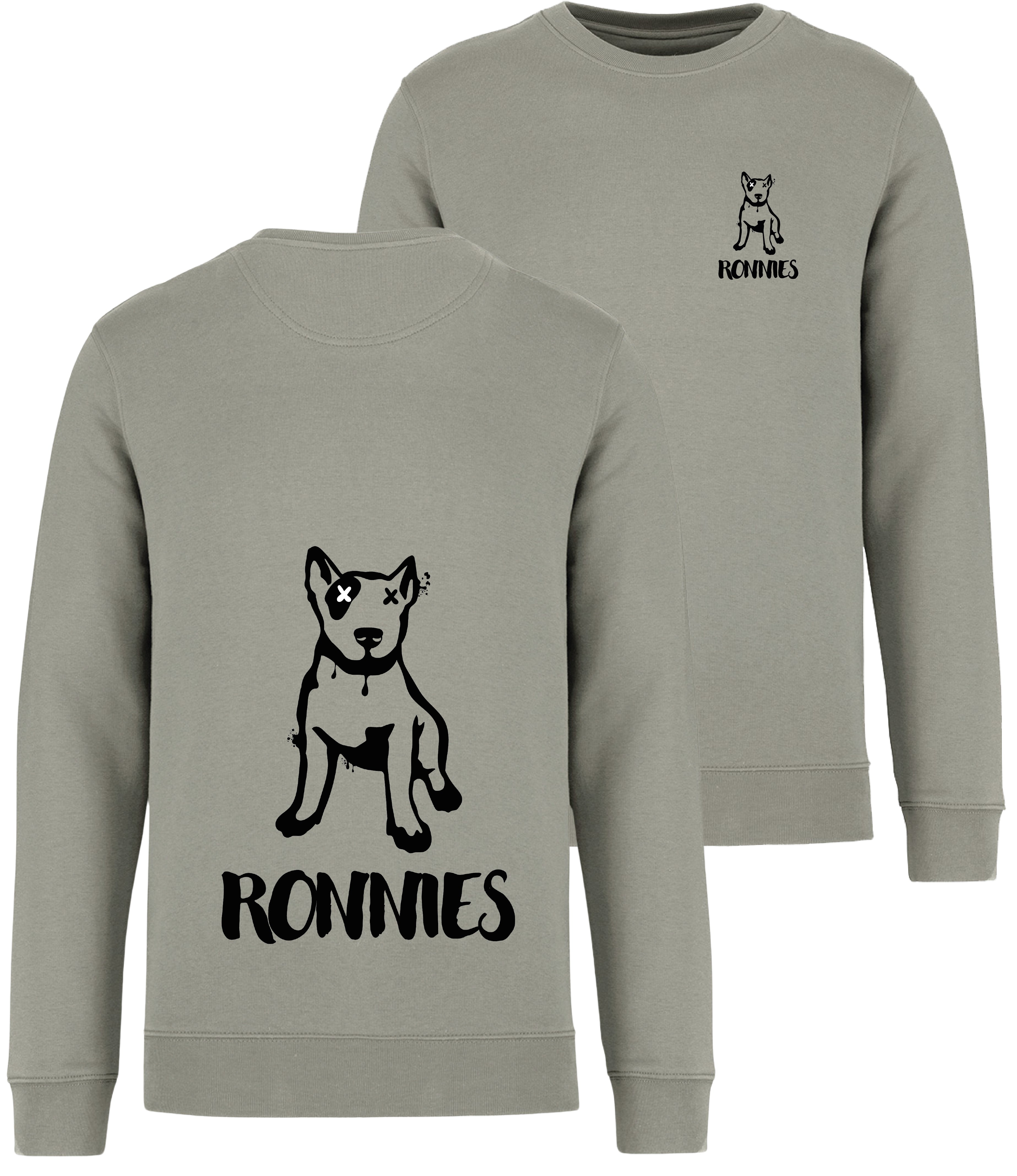 Ronnies Casuals Almond Green Sweatshirt printed with a small English bull terrier dog drawing with Ronnies written underneath and the same image on the back much bigger