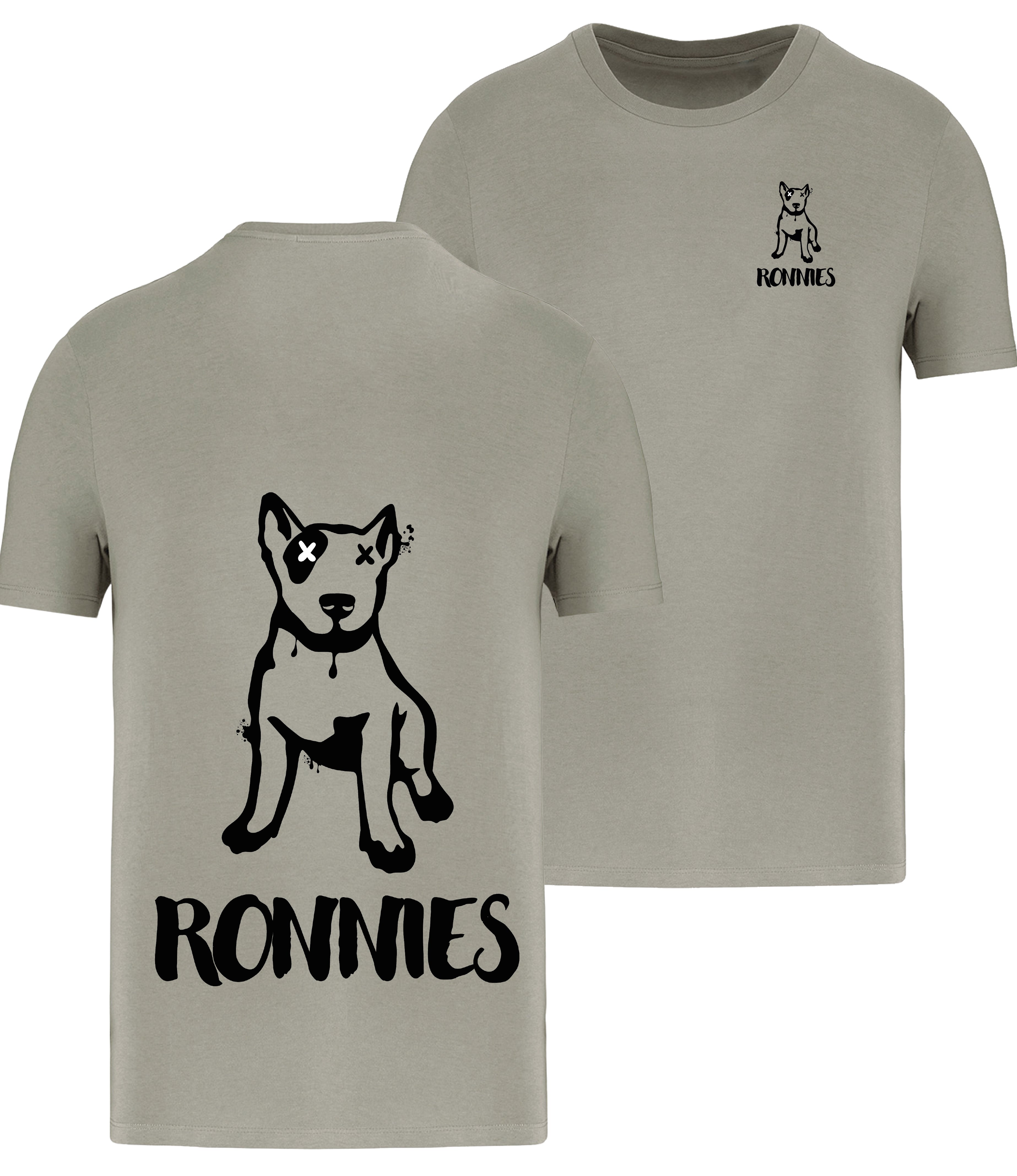 Ronnies Casuals Almond Green T-Shirt printed with a small English bull terrier dog drawing with Ronnies written underneath and the same image on the back much bigger