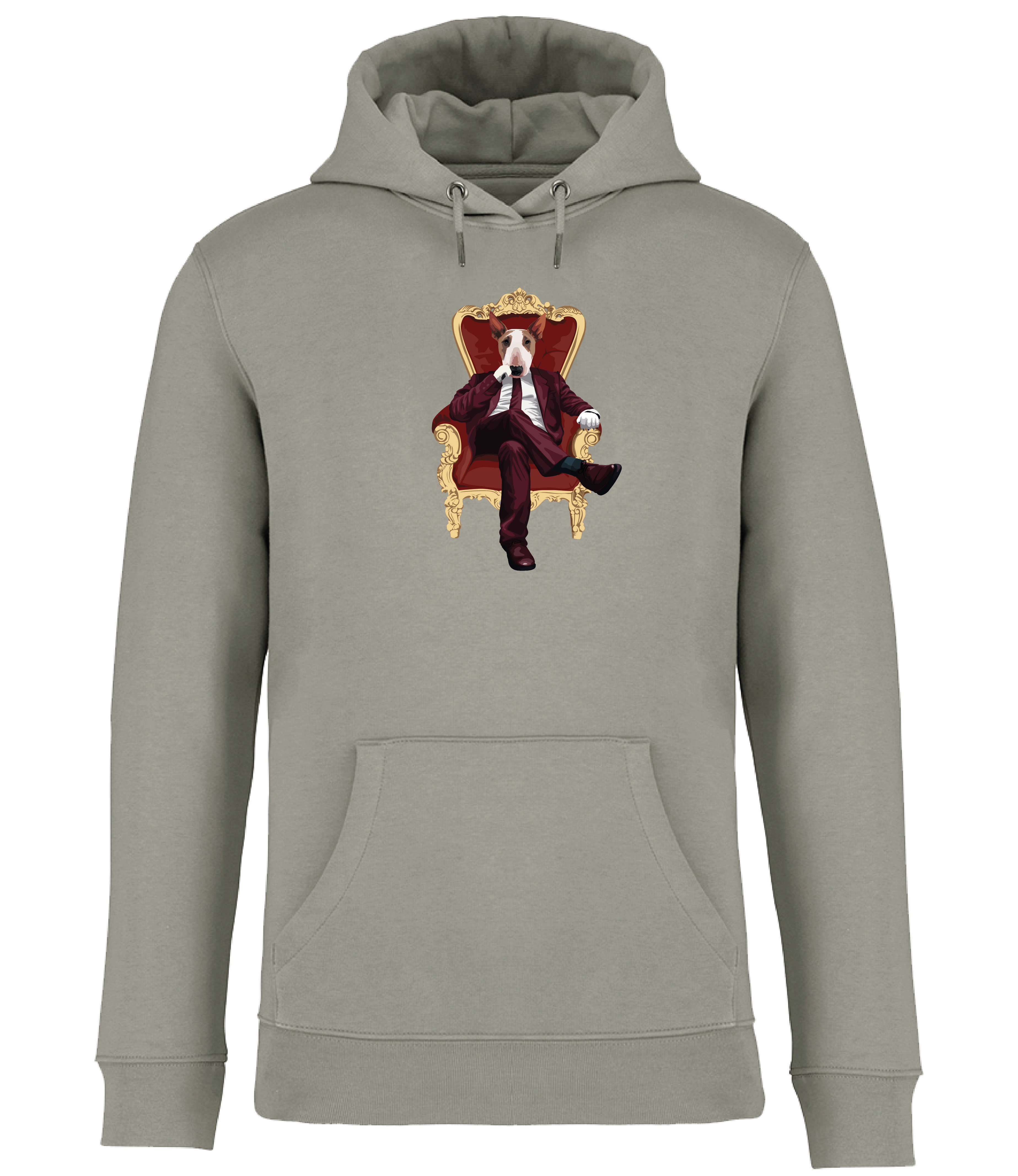 Almond Green Hoodie printed with and English Bullie Terrier Dog wearing a red suit and tie sitting in a big gold and red throne type chair
