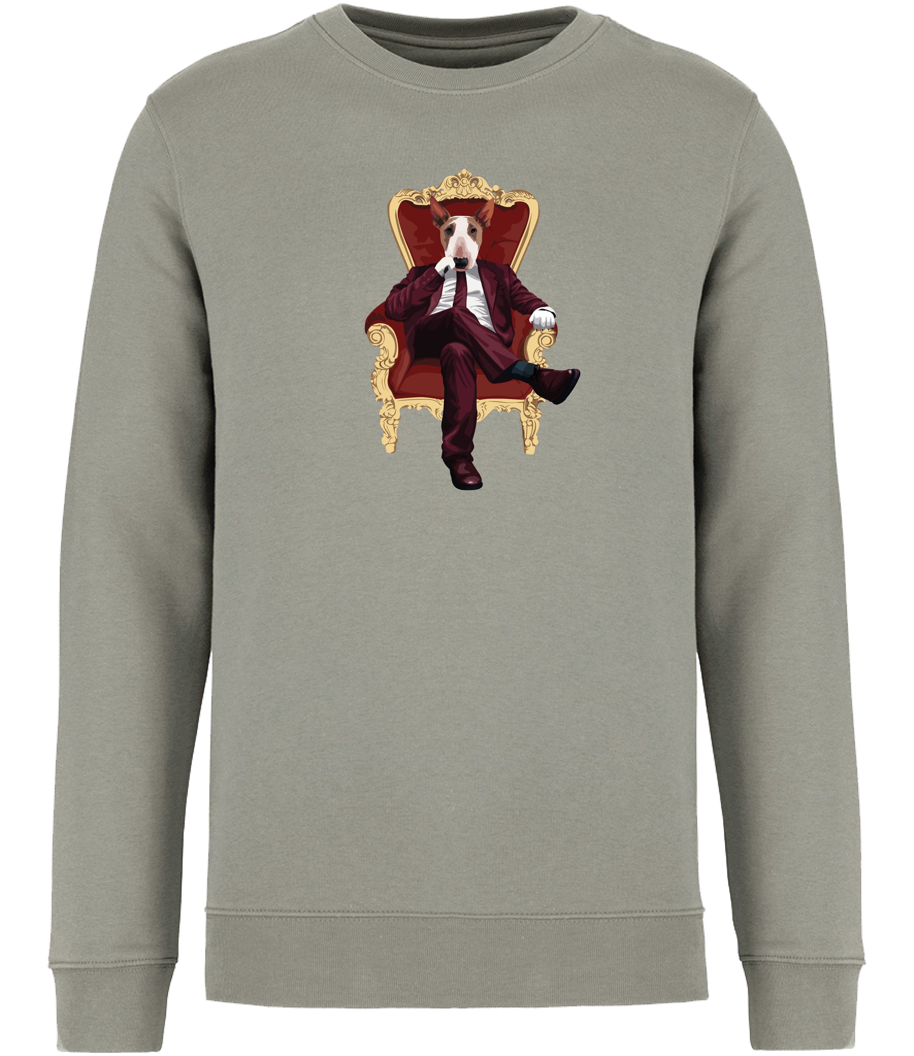 Almond Green Sweatshirt printed with and English Bull Terrier Dog wearing a red suit and tie sitting in a big gold and red throne type chair