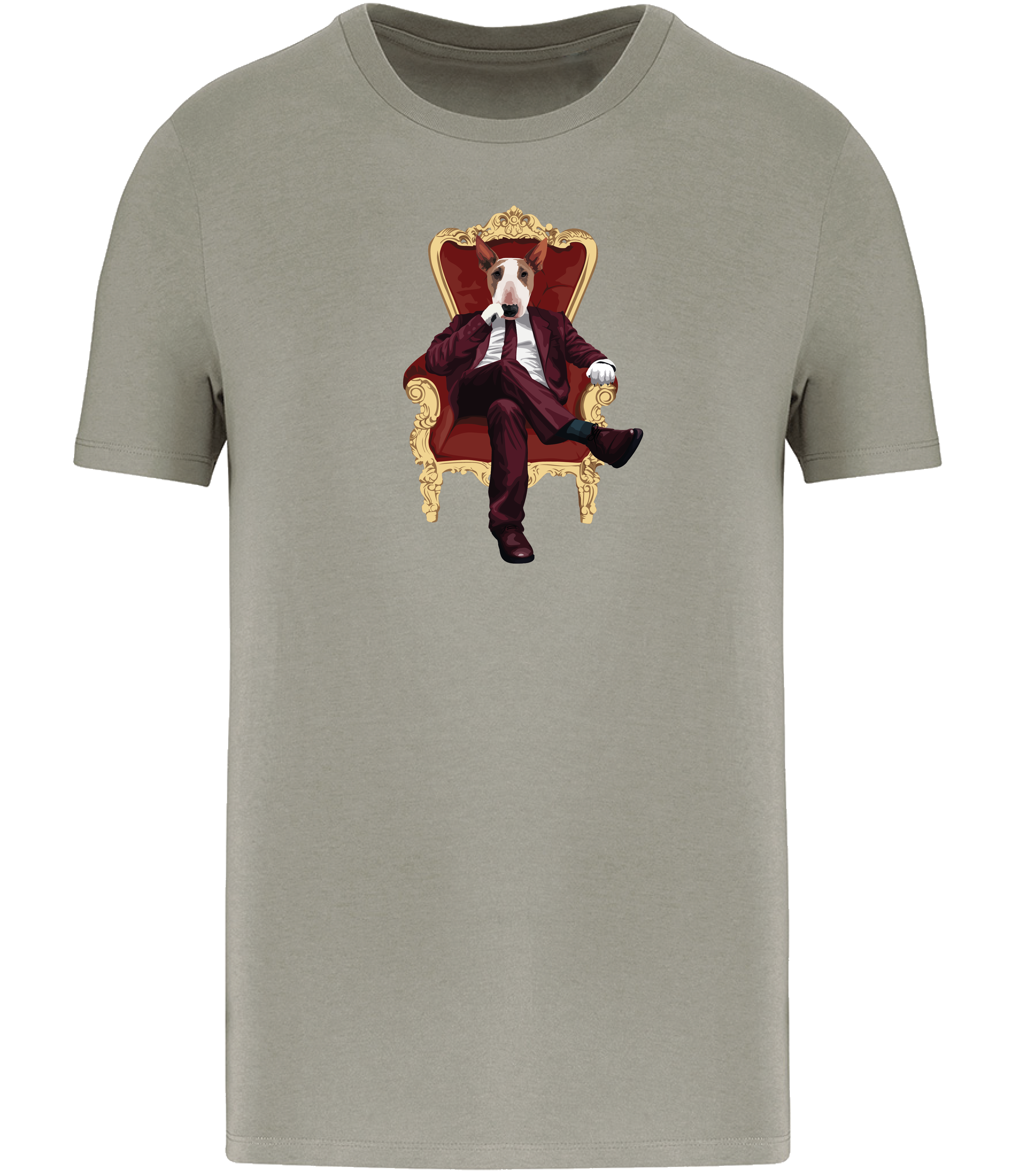 Almond Green T-shirt printed with and English Bull Terrier Dog wearing a red suit and tie sitting in a big gold and red throne type chair
