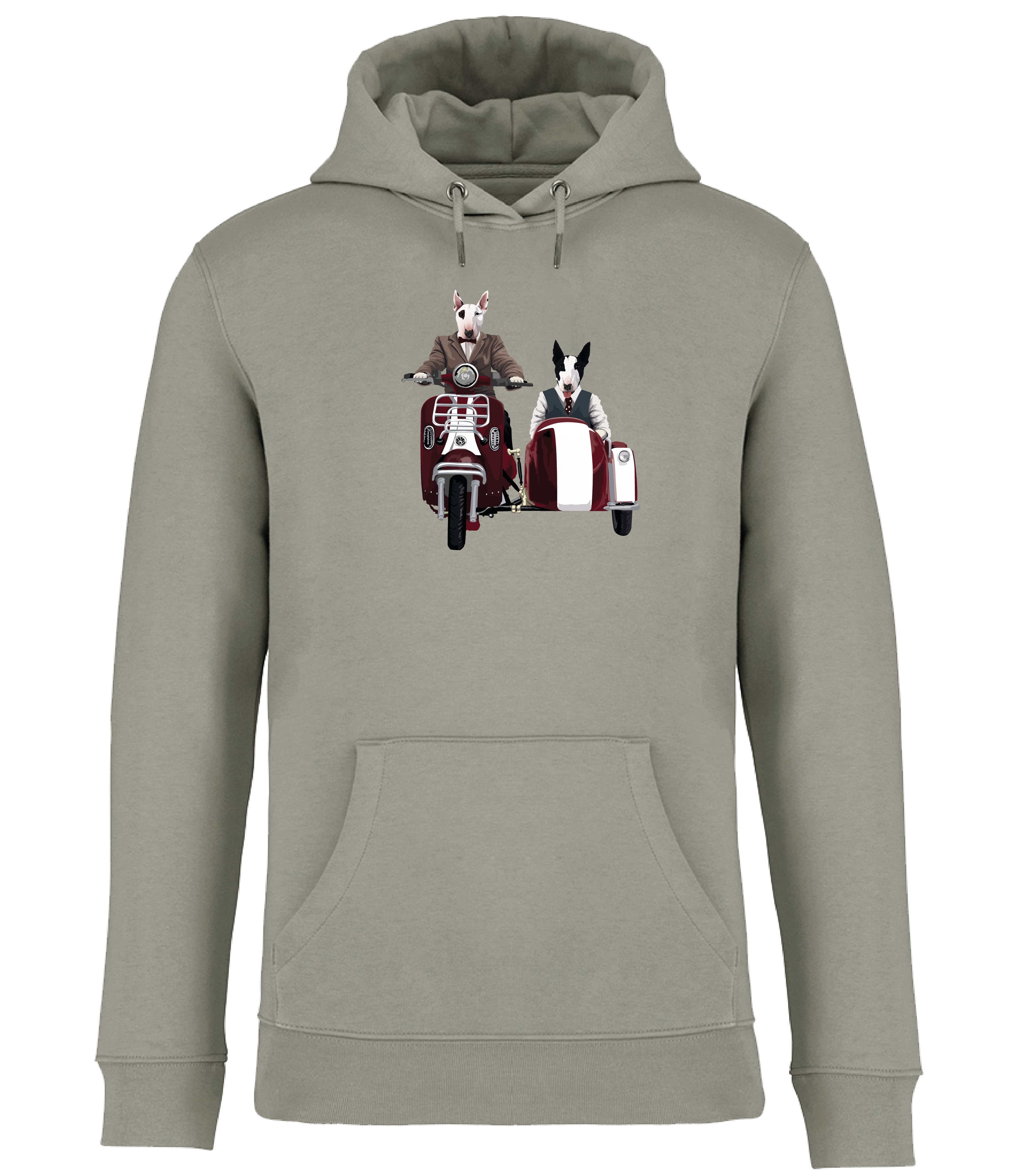 Almond Green Hoodie printed with an English Bull Terrier riding a Motorcycle and side car and another English Bull Terrier riding in the sidecar 