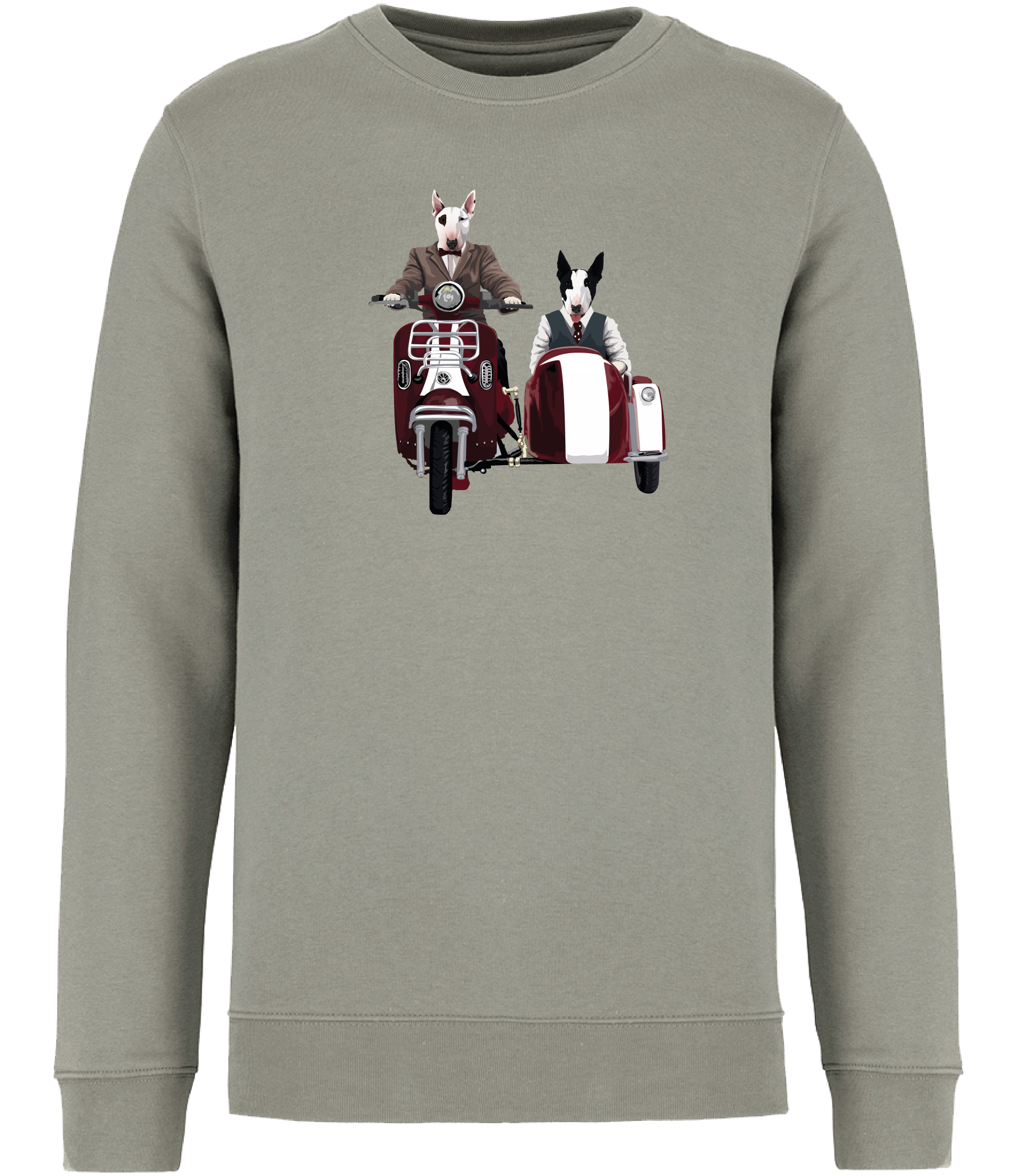 Almond Green Sweatshirt printed with an English Bull Terrier riding a Motorcycle and side car and another English Bull Terrier riding in the sidecar 