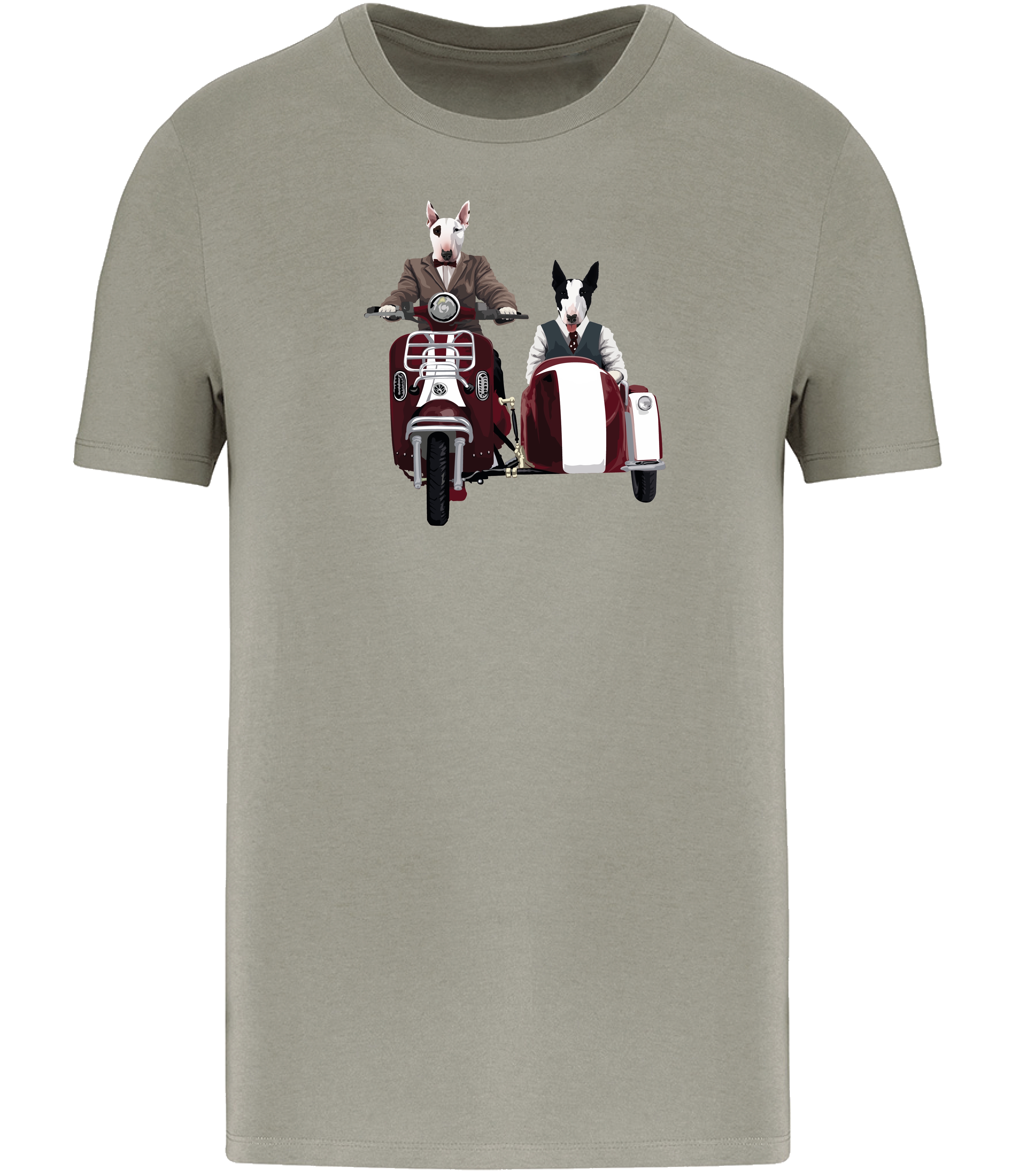 Almond Green T-shirt printed with an English Bull Terrier riding a Motorcycle and side car and another English Bull Terrier riding in the sideca