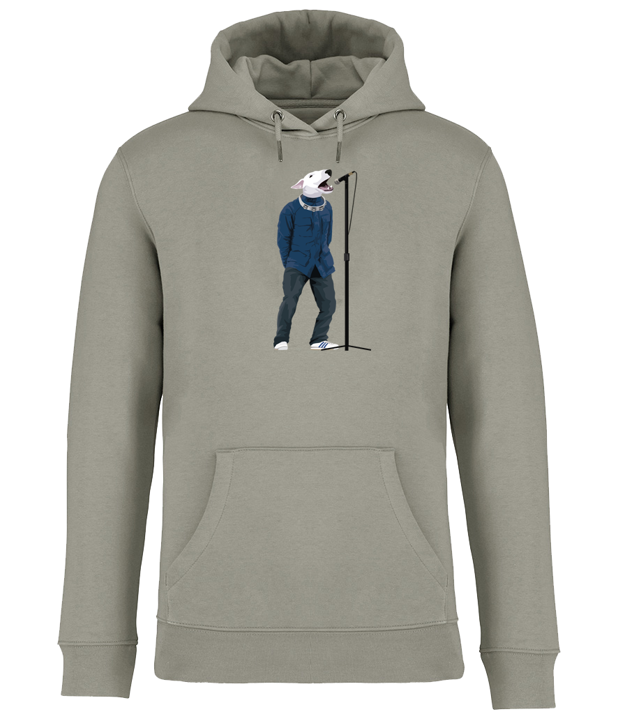 Almond Green Hoodie printed with an English Bull Terrier Dog wearing a blue jacket, jeans and trainers. A tambourine round his neck singing into a microphone