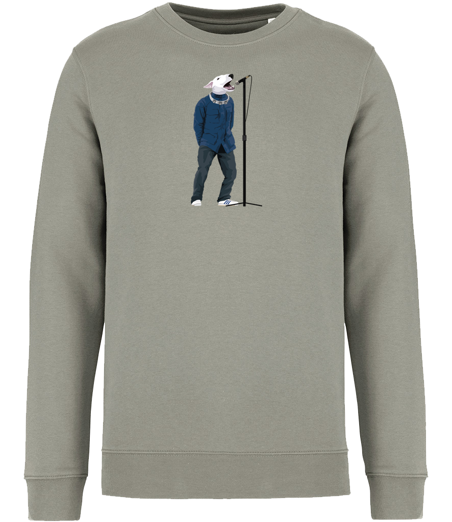 Almond Green Sweatshirt printed with an English Bull Terrier Dog wearing a blue jacket, jeans and trainers. A tambourine round his neck singing into a microphone