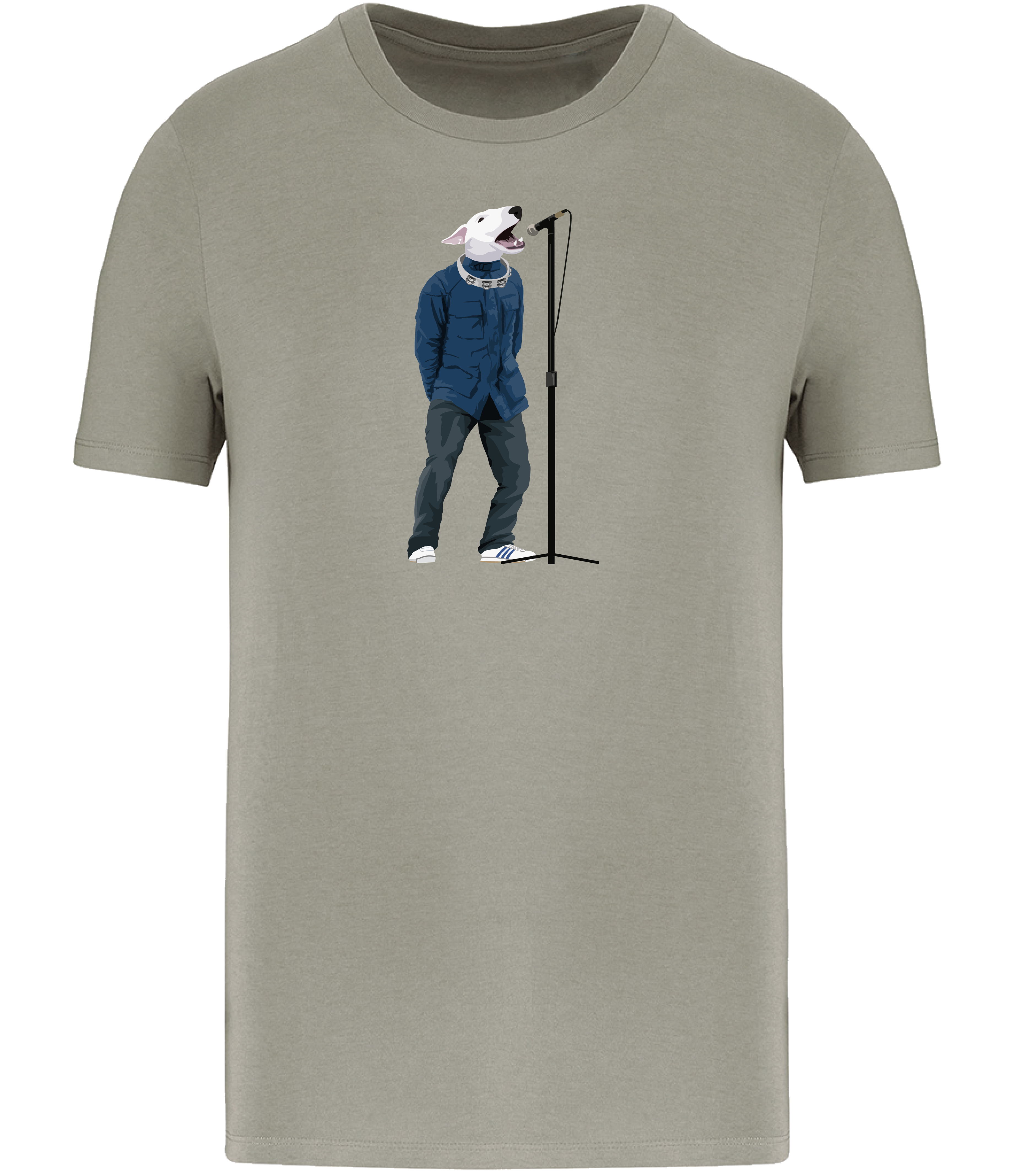 Almond Green T-shirt printed with an English Bull Terrier Dog wearing a blue jacket, jeans and trainers. A tambourine round his neck singing into a microphone