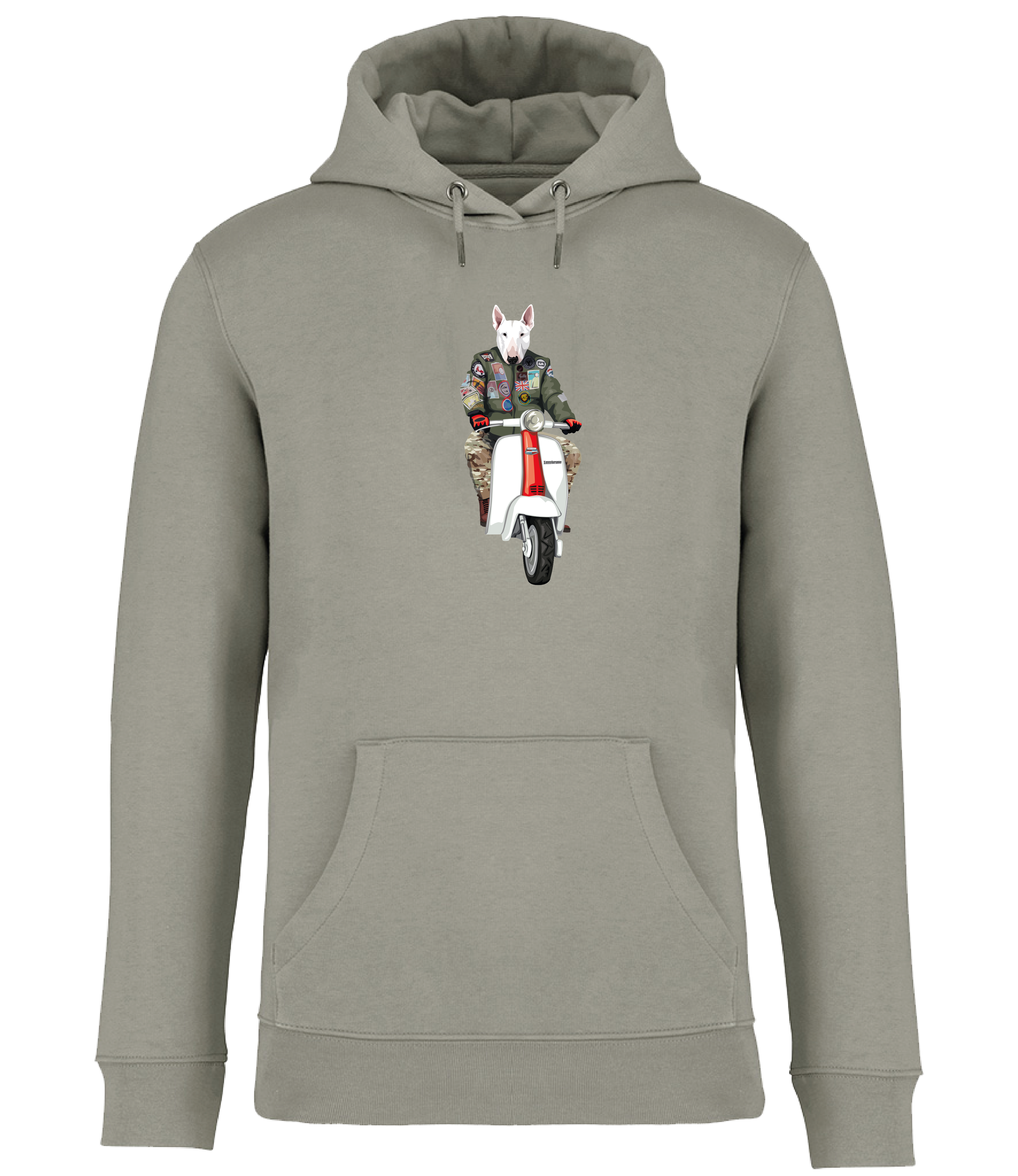 Ronnies Casuals Almond Green Hoodie printed with an English Bull Terrier Dog wearing a flight jacket riding a Scooter