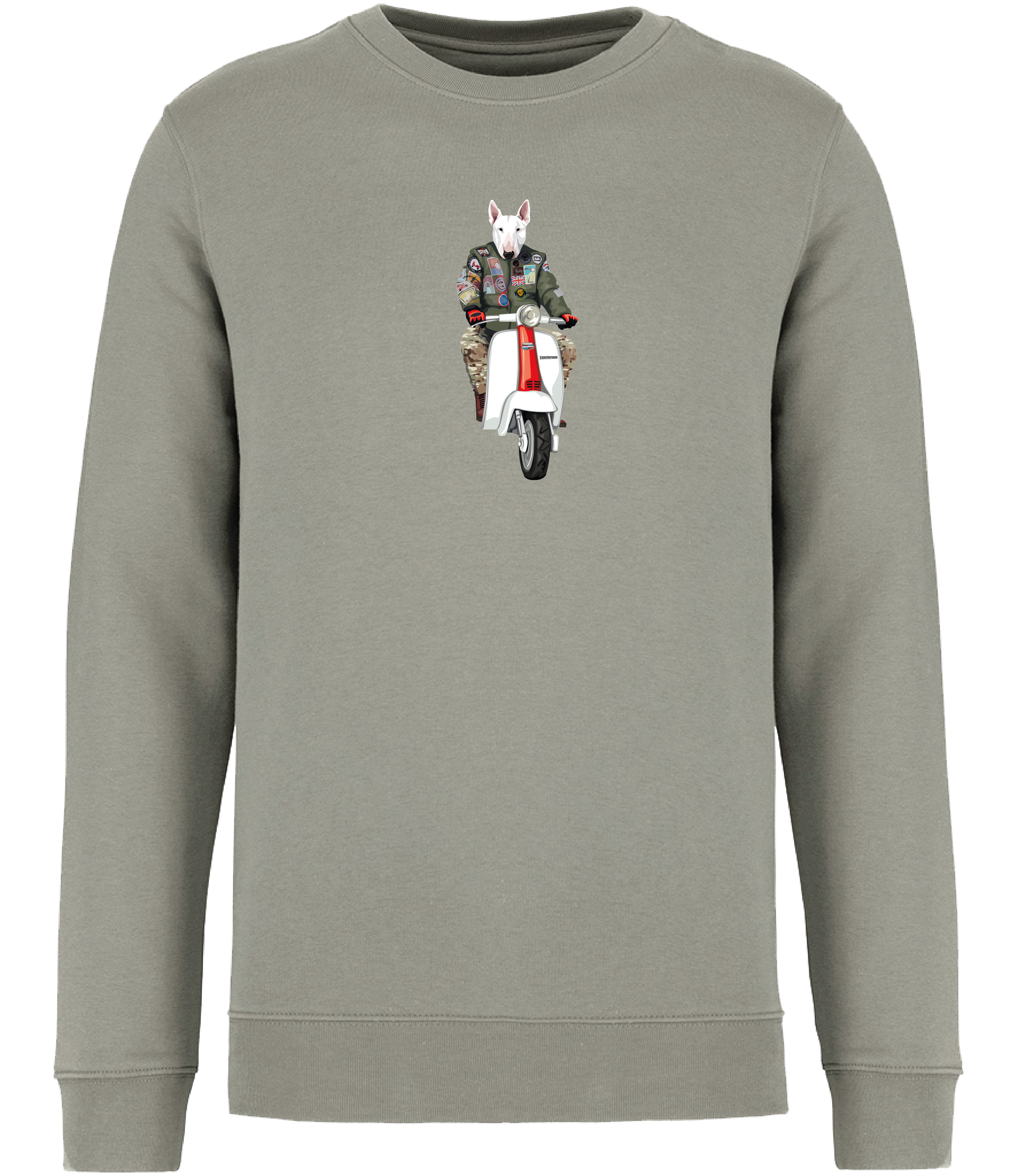 Ronnies Casuals Almond Green Sweatshirt printed with an English Bull Terrier Dog wearing a flight jacket riding a Scooter 
