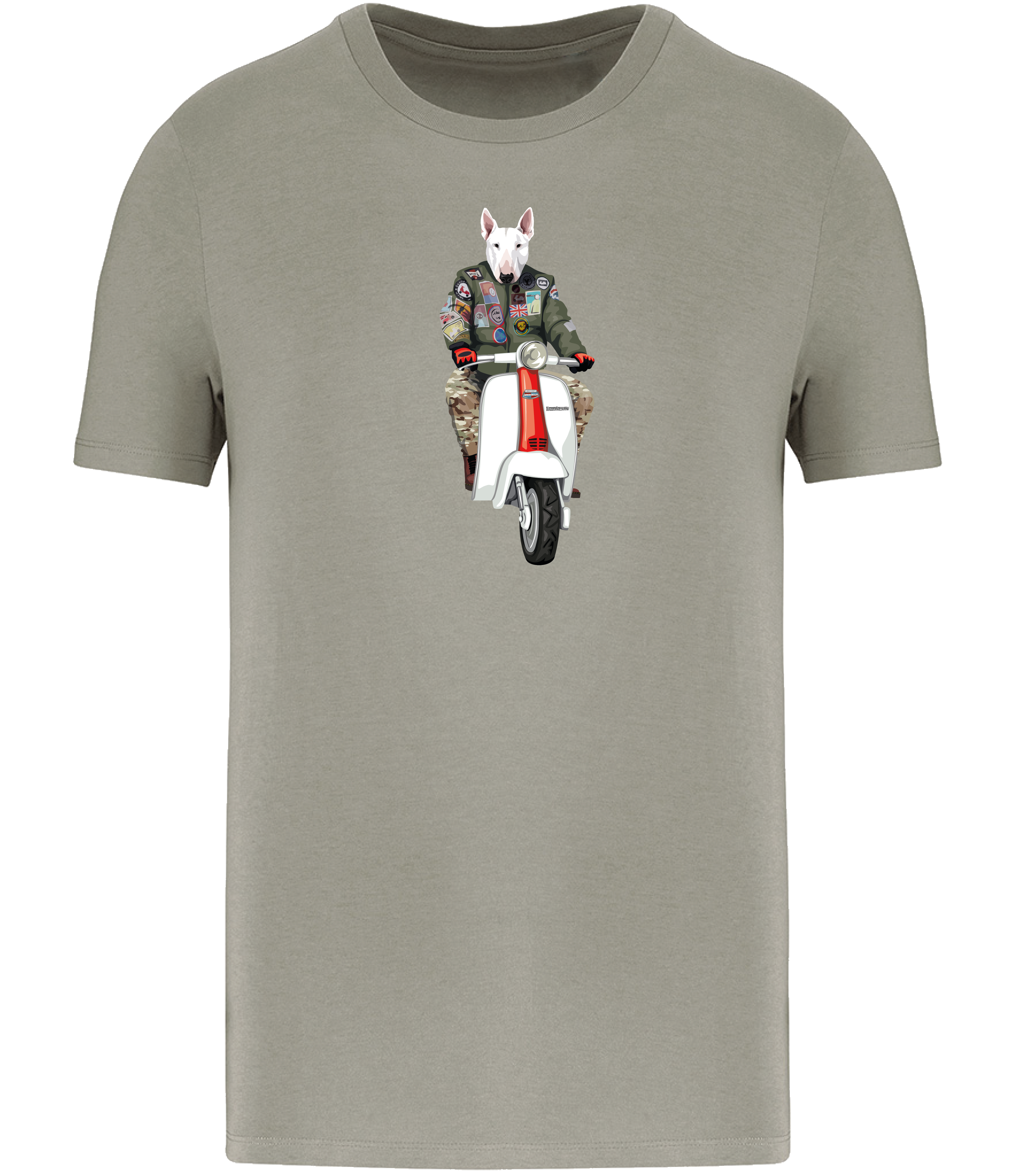 Almond Green T-shirt printed with an English Bull Terrier Dog wearing a flight jacket riding a Scooter 