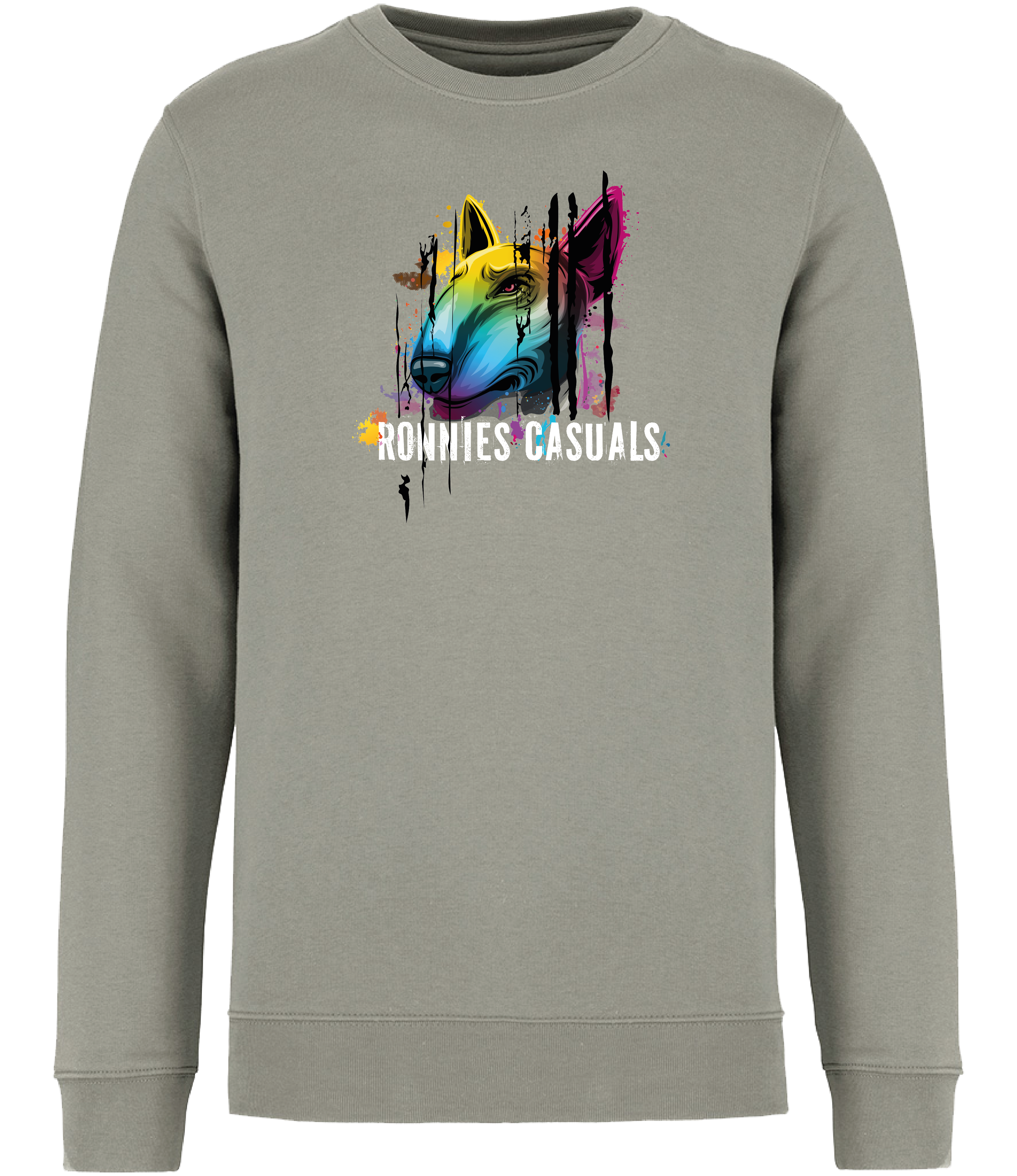 Ronnies Casuals Green Sweatshirt printed with Colourful English Bull Terrier Dog head and words saying Ronnies Casuals underneath