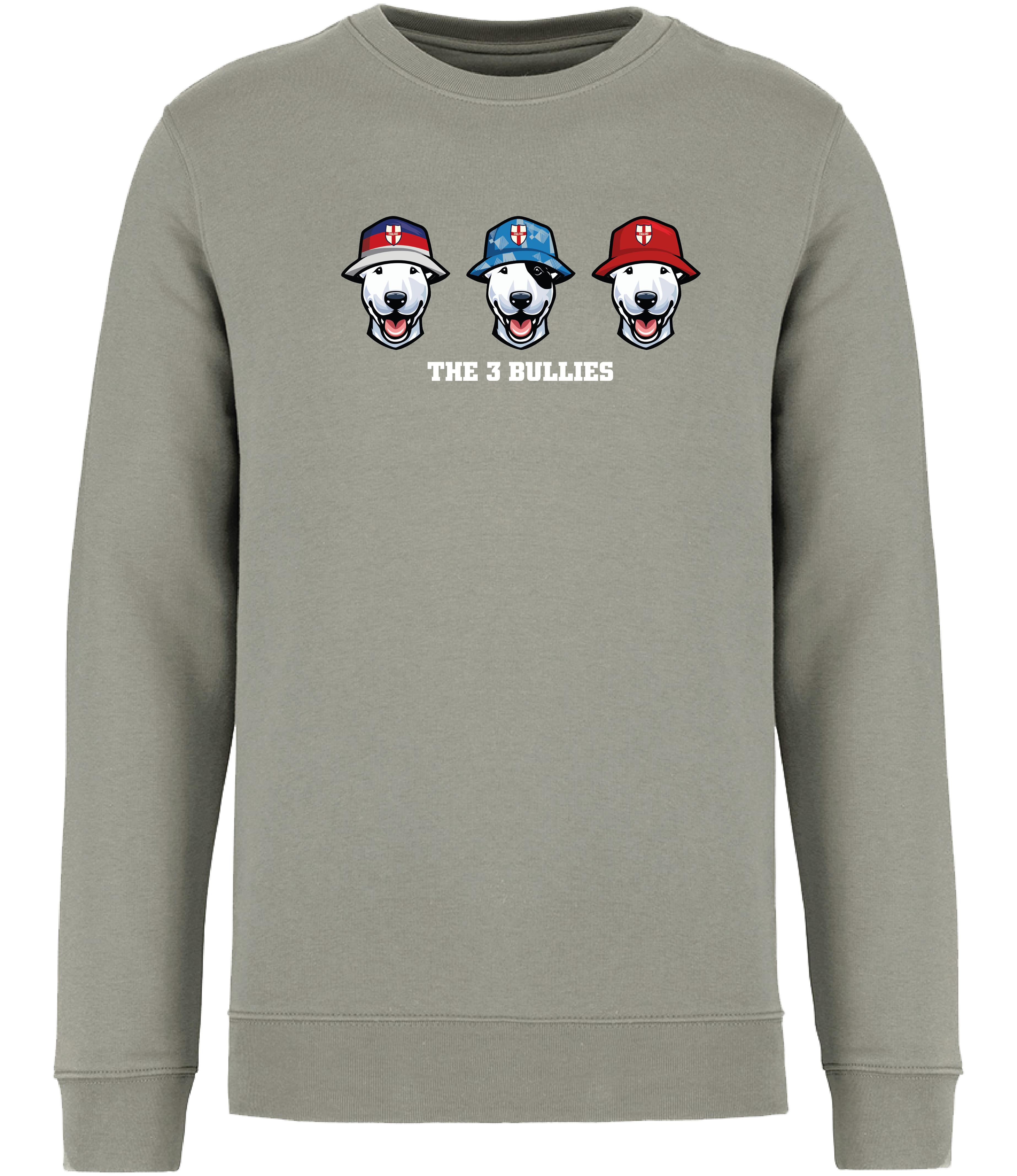 Ronnies Casuals Almond Green Sweatshirt printed with 3 English Bull Terrier Heads wearing Bucket hats decorated with St Georges flags and The 3 Bullies written underneath