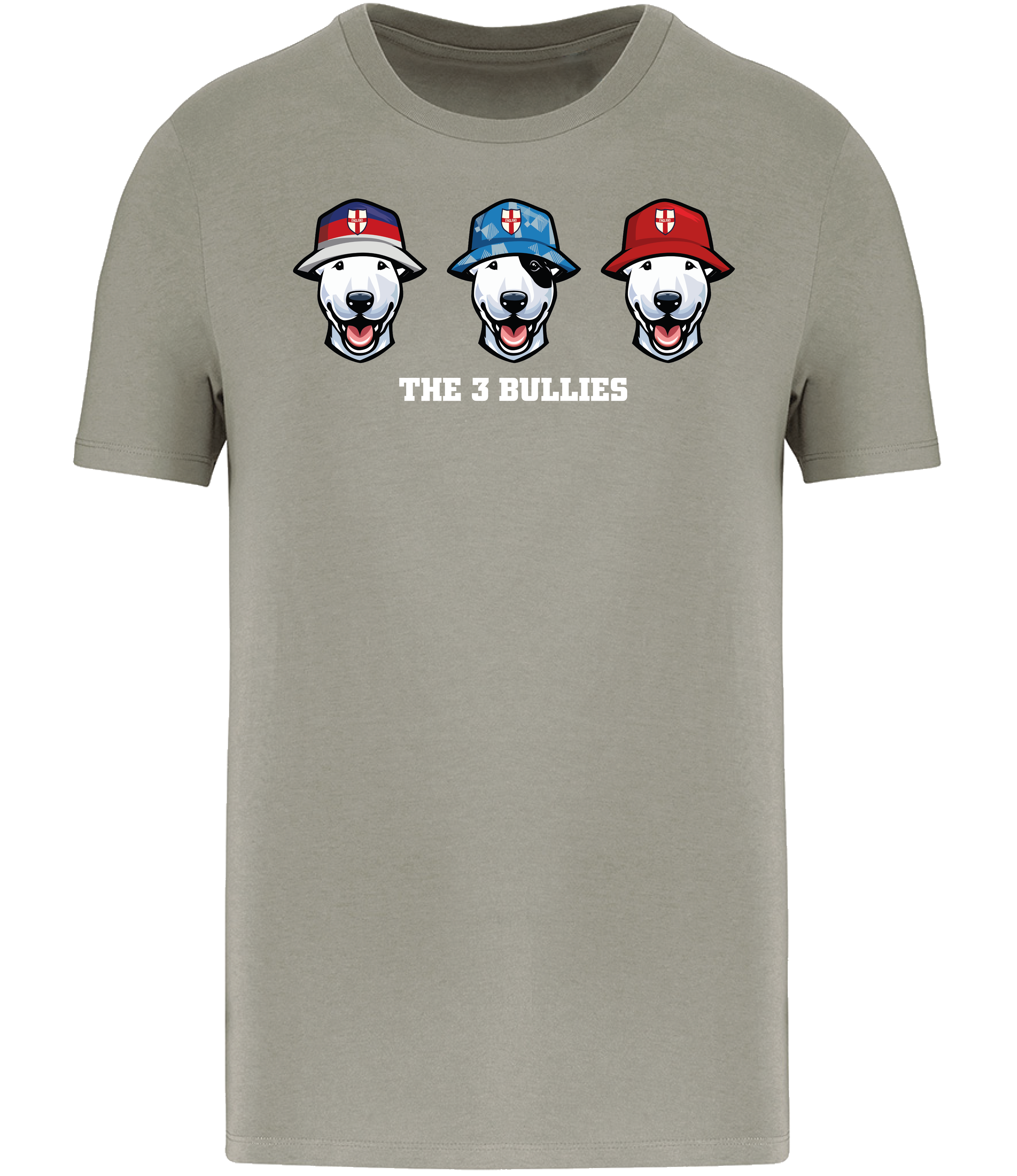 Almond Green T-shirt printed with 3 English Bull Terrier Heads wearing Bucket hats decorated with St Georges flags and The 3 Bullies written underneath