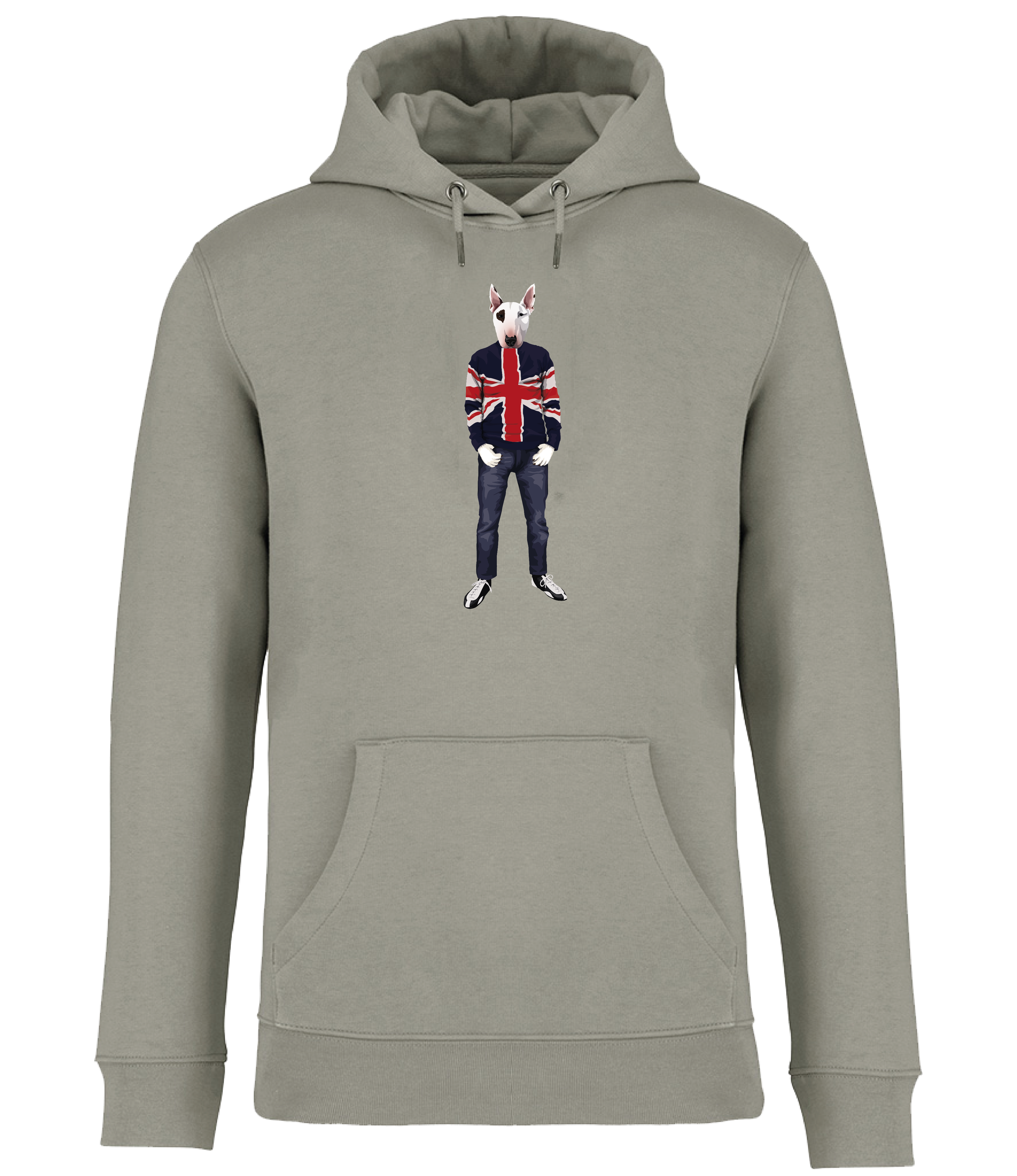 Almond Green Hoodie printed with an English Bull Terrier Dog with an eye patch wearing a Union Jack jumper, jeans and trainers