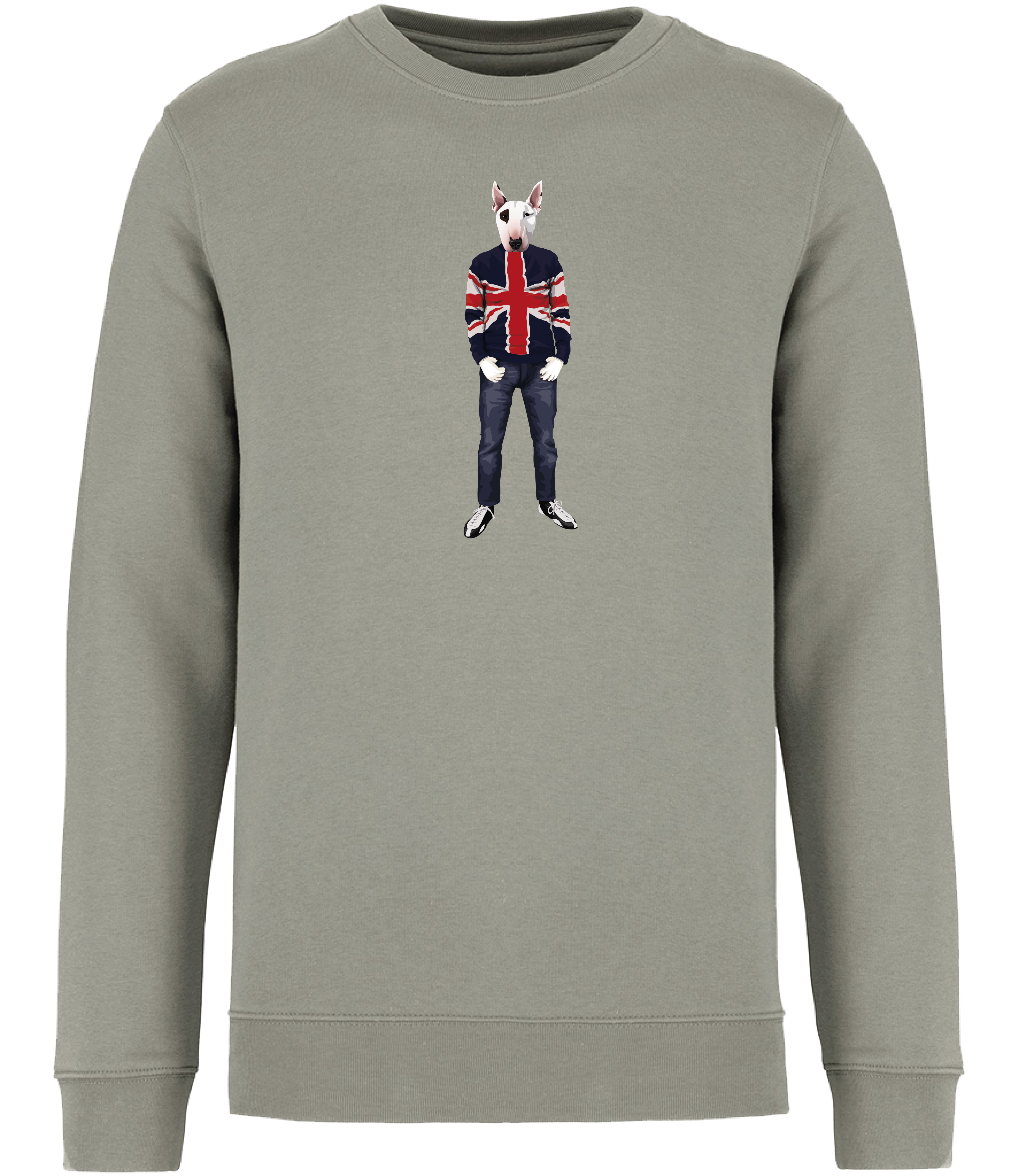 Almond Green Sweatshirt printed with an English Bull Terrier Dog with an eye patch wearing a Union Jack jumper, jeans and trainers
