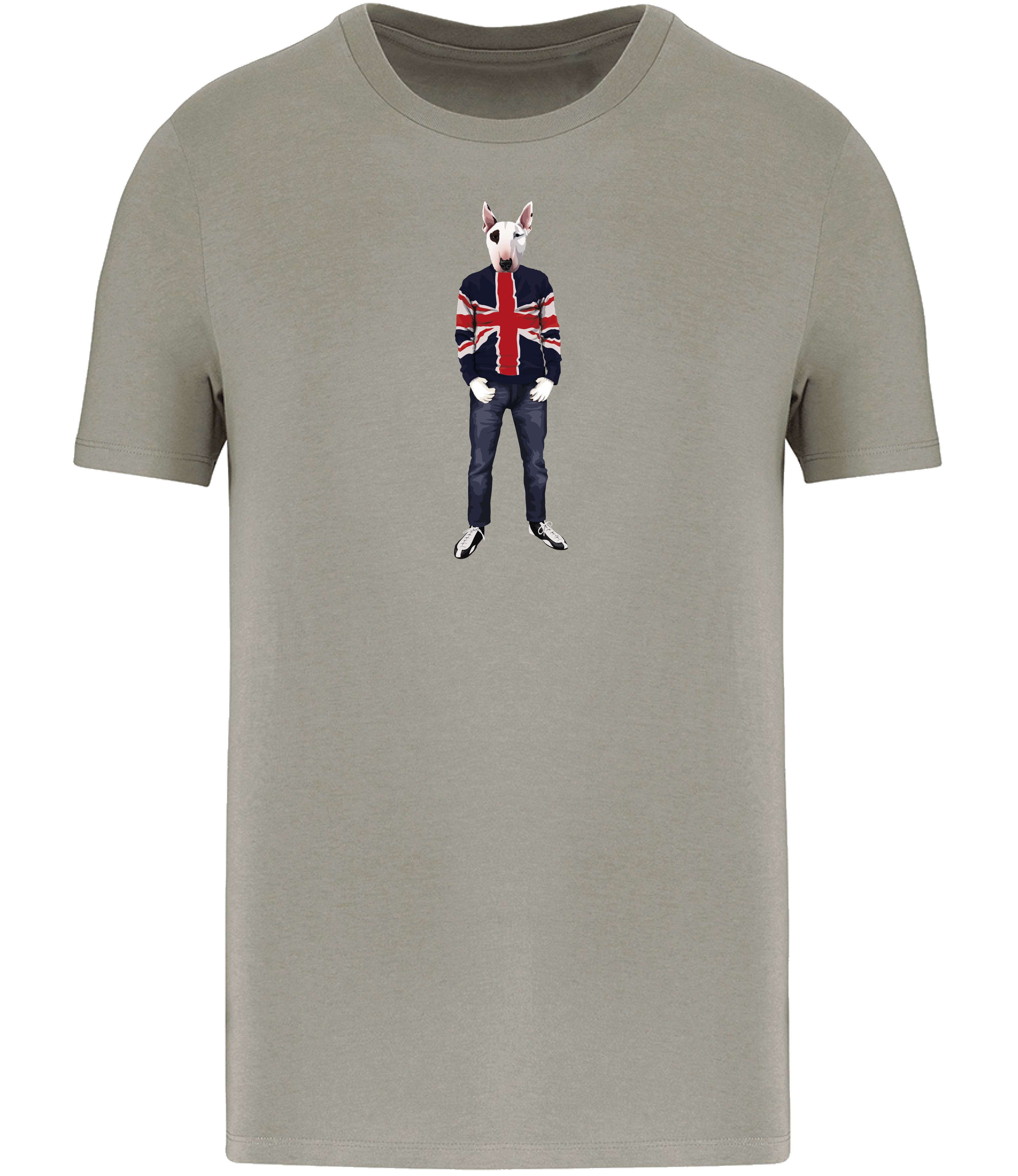 Almond Green T-shirt printed with an English Bull Terrier Dog with an eye patch wearing a Union Jack jumper, jeans and trainers