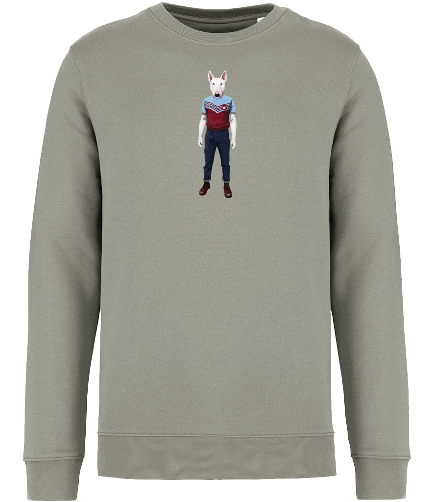Almond Green Sweatshirt printed with an English Bull Terrier Dog wearing a West Ham Football Top, Jeans and Boots