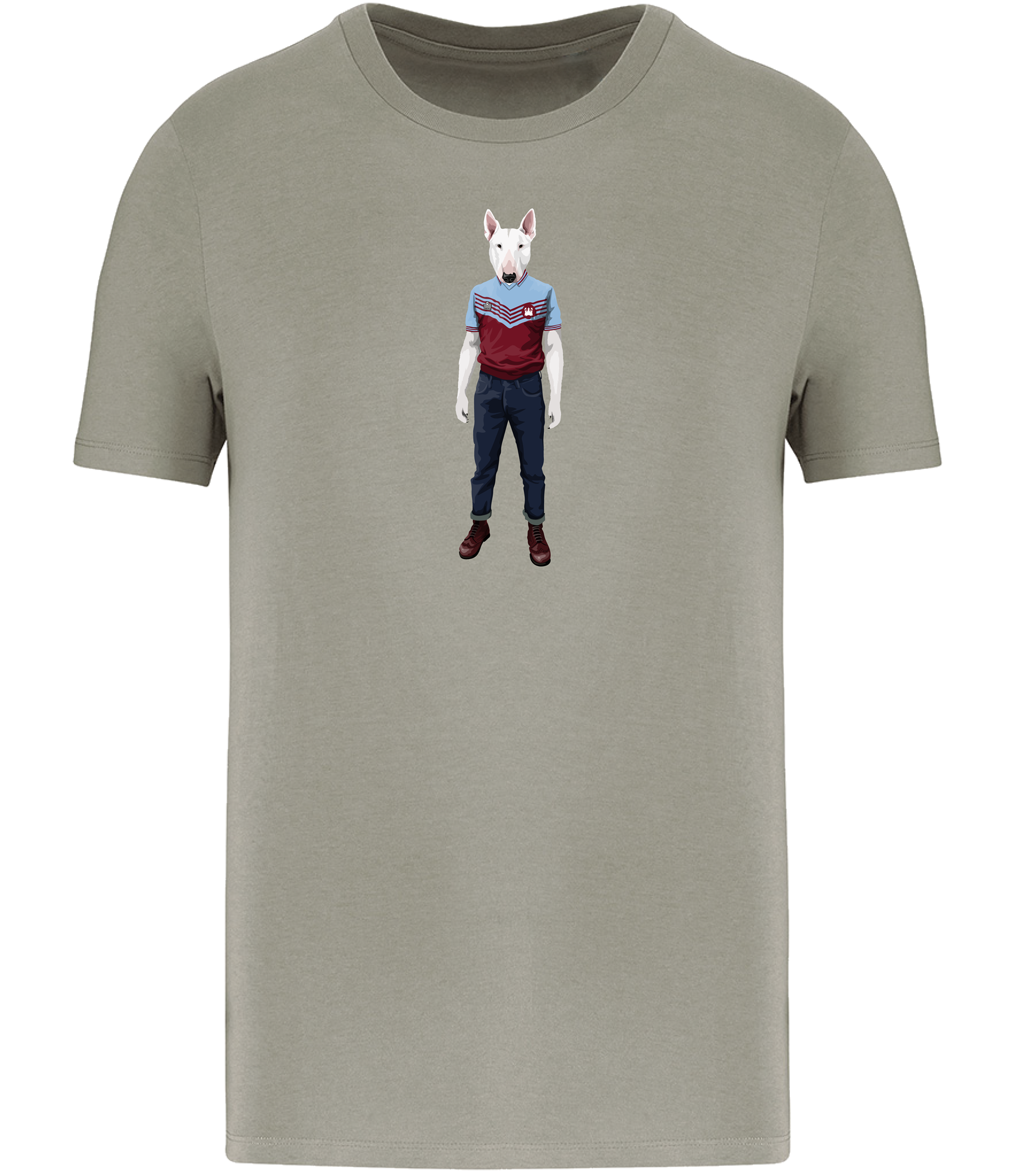 Almond Green T-shirt printed with an English Bull Terrier Dog wearing a West Ham Football Top, Jeans and Boots