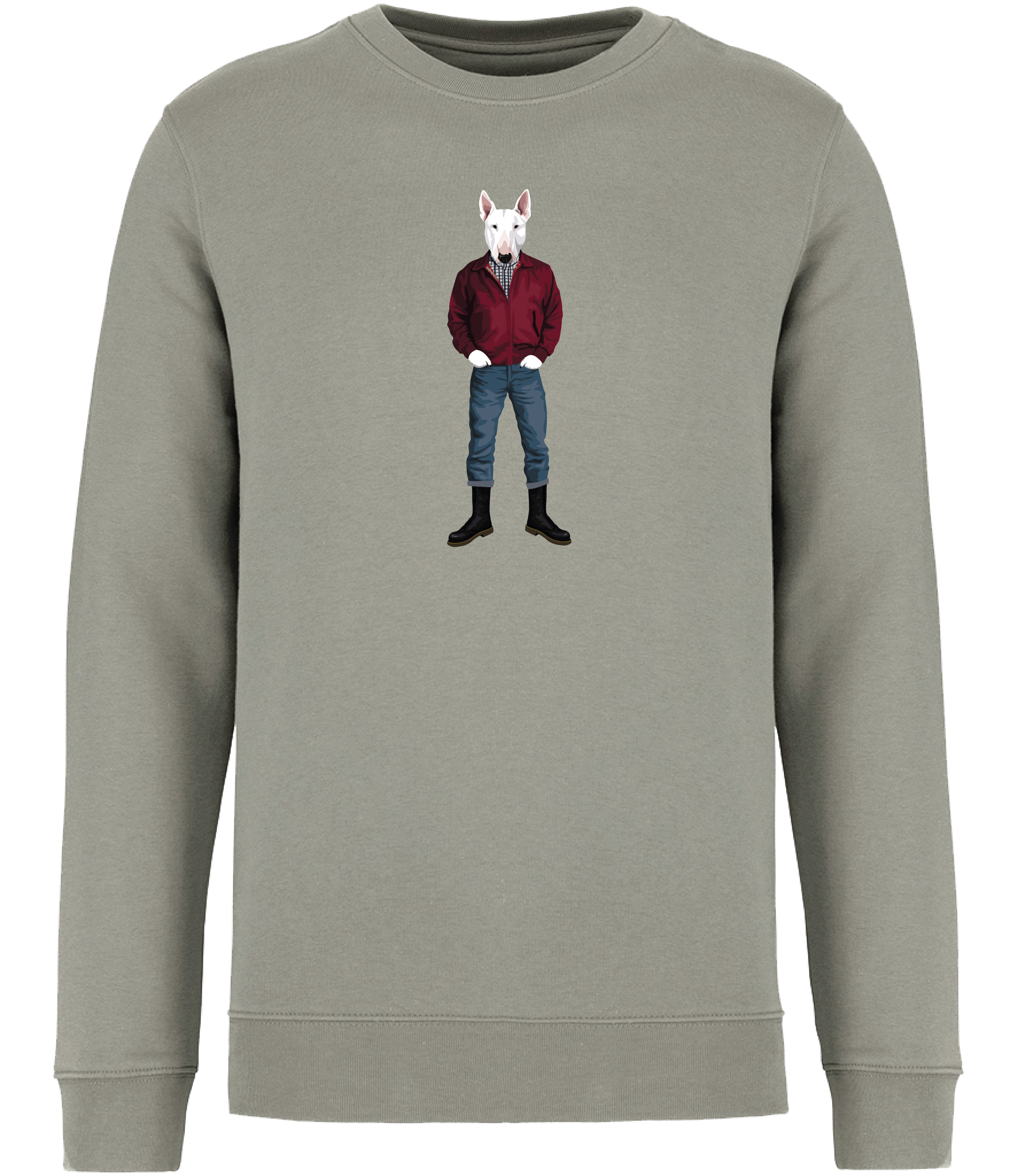 Almond Green Sweatshirt printed with an English Bull Terrier Dog wearing a red jacket, rolled up jeans and boots