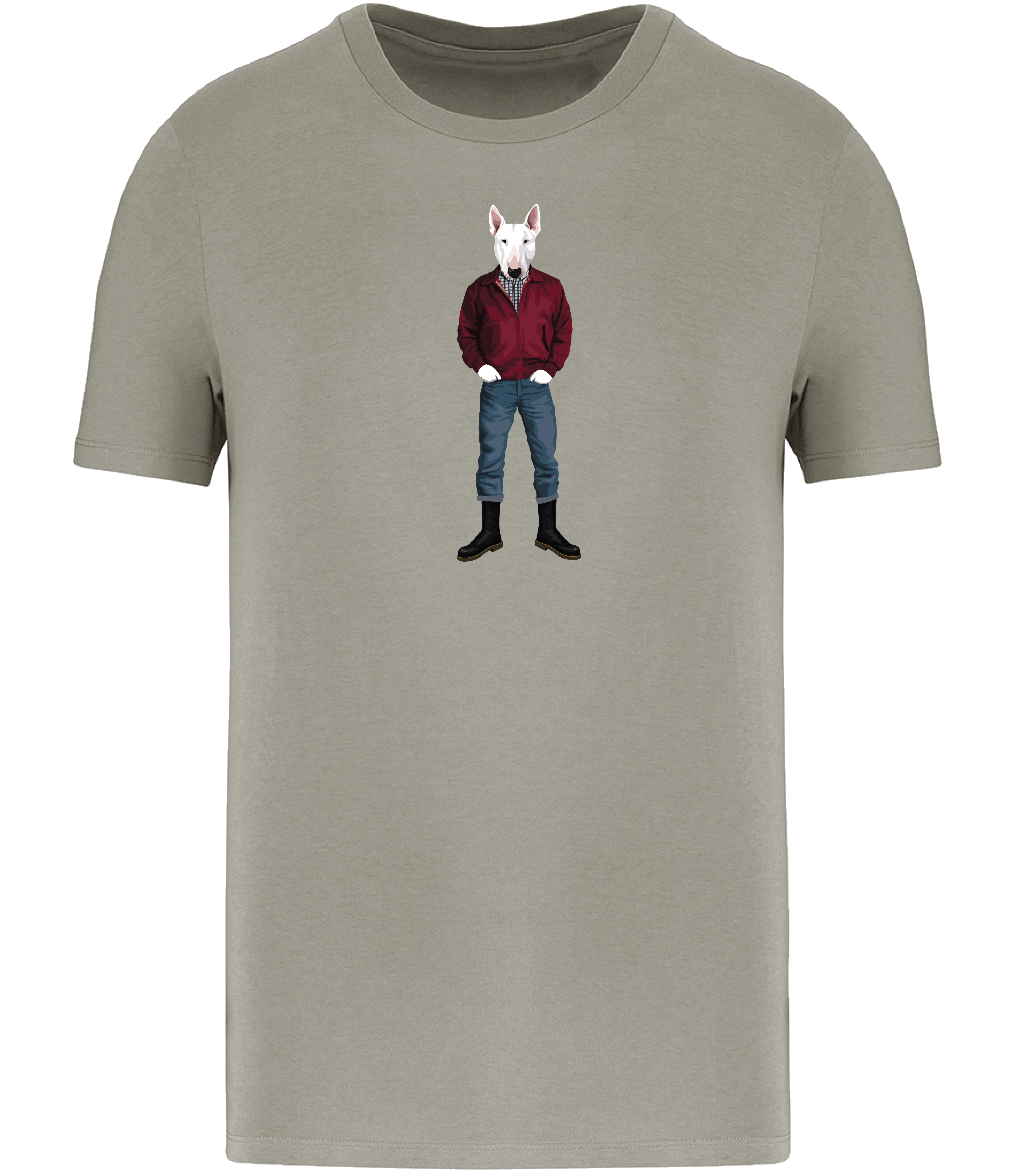 Almond Green T-shirt printed with an English Bull Terrier Dog wearing a red jacket, rolled up jeans and boots