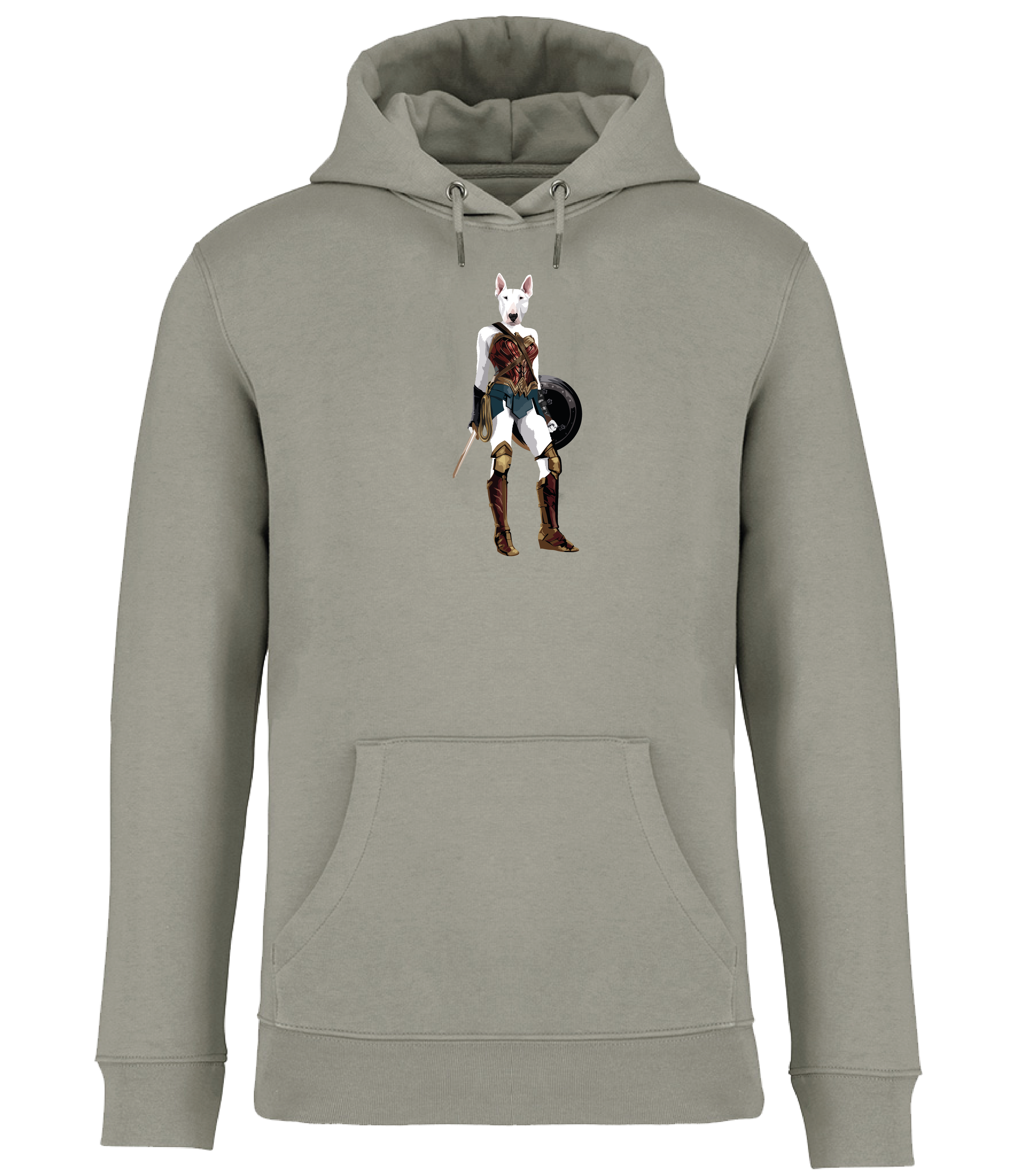 Almond Green Hoodie printed with an English Bull Terrier Dog dressed up as Wonder Woman holding a shield and sword