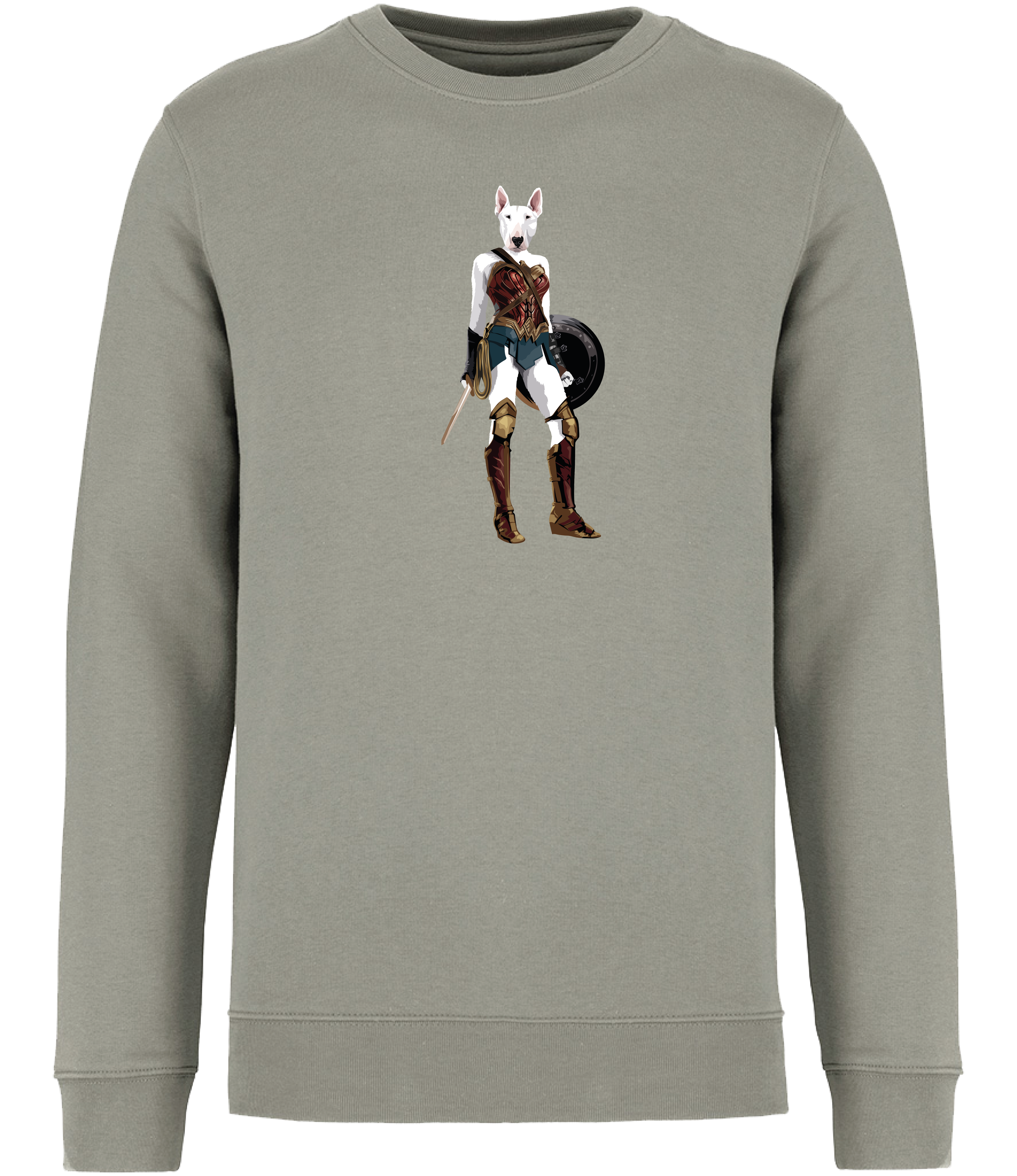 Almond Green Sweatshirt printed with an English Bull Terrier Dog dressed up as Wonder Woman holding a shield and sword