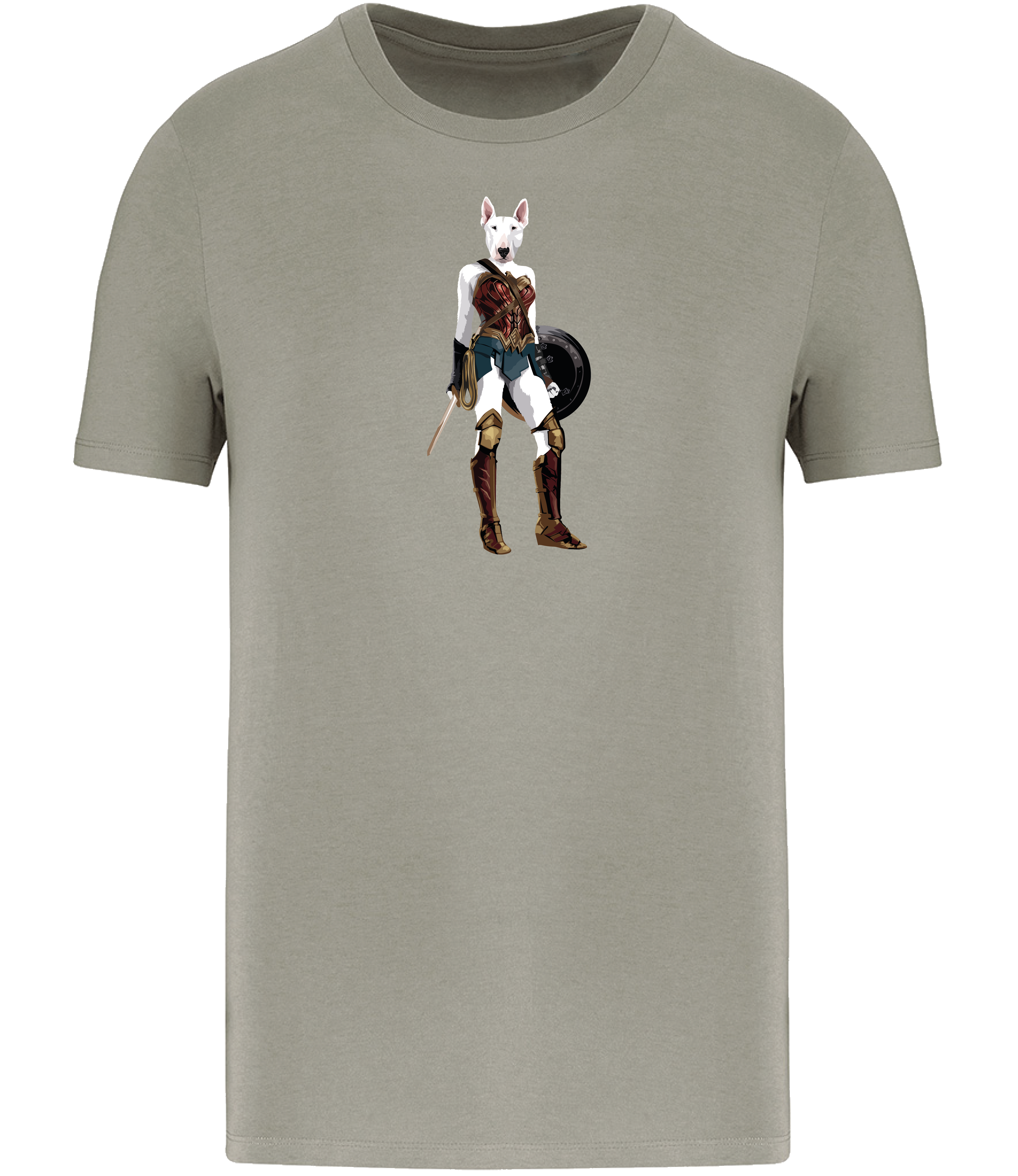 Ronnies Casuals Almond Green T-shirt printed with an English Bull Terrier Dog dressed up as Wonder Woman holding a shield and sword