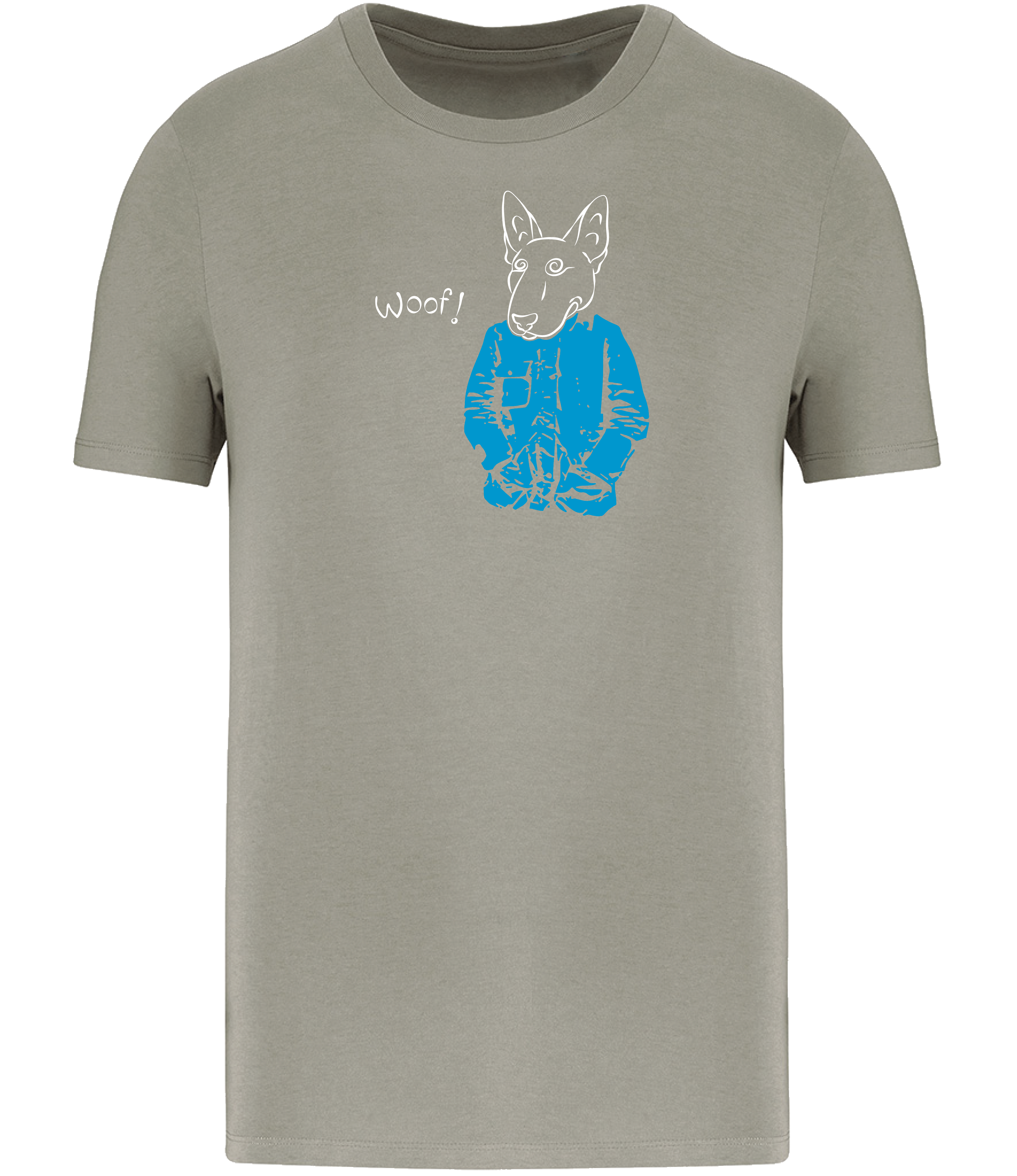 Almond Green T-shirt printed with a drawing of an English Bull Terrier Dog wearing a blue jacket and the word woof 