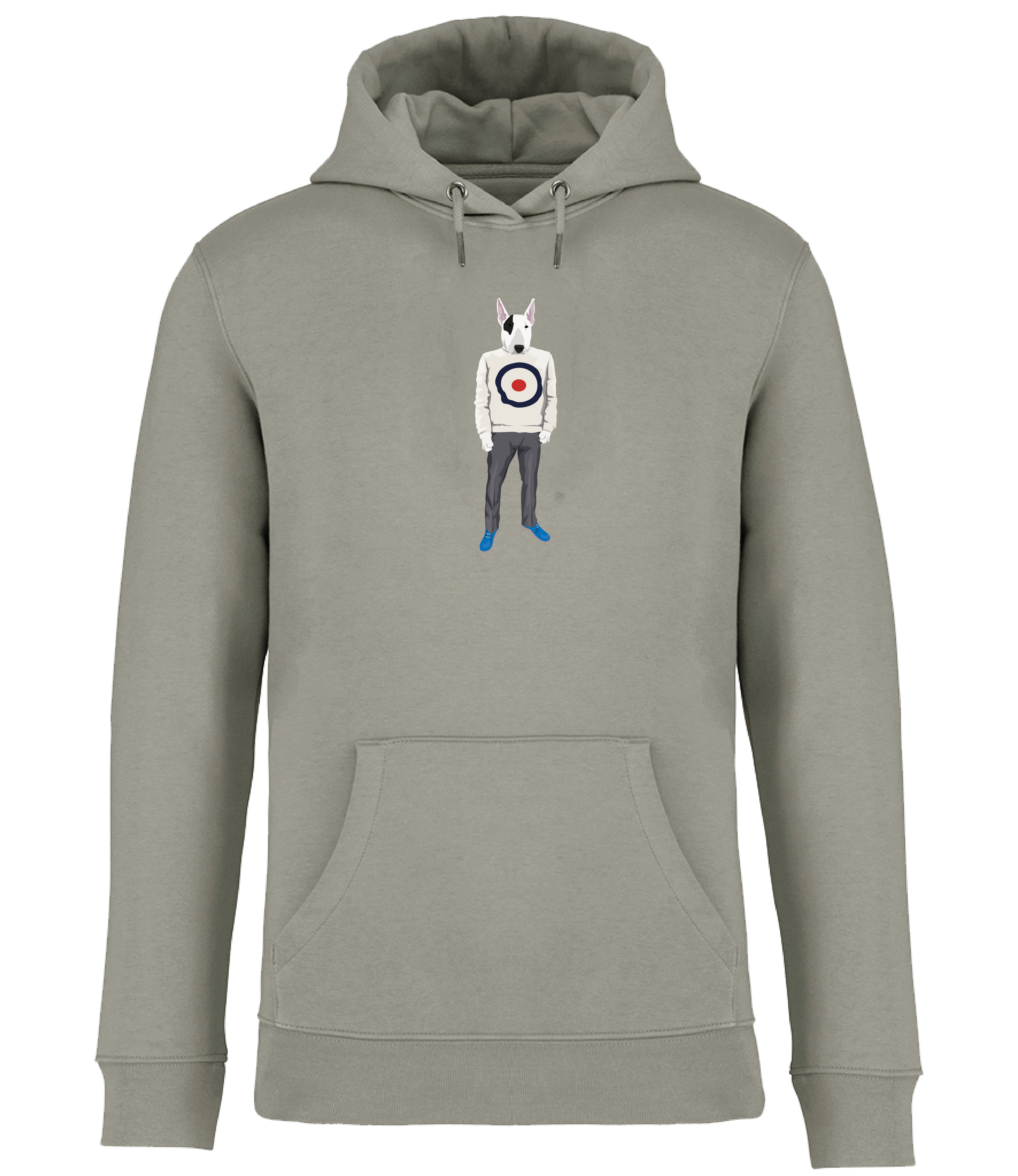 Almond Green Hoodie Printed with an English Bull Terrier Dog wearing a jumper with a target on it, grey trousers and blue shoes