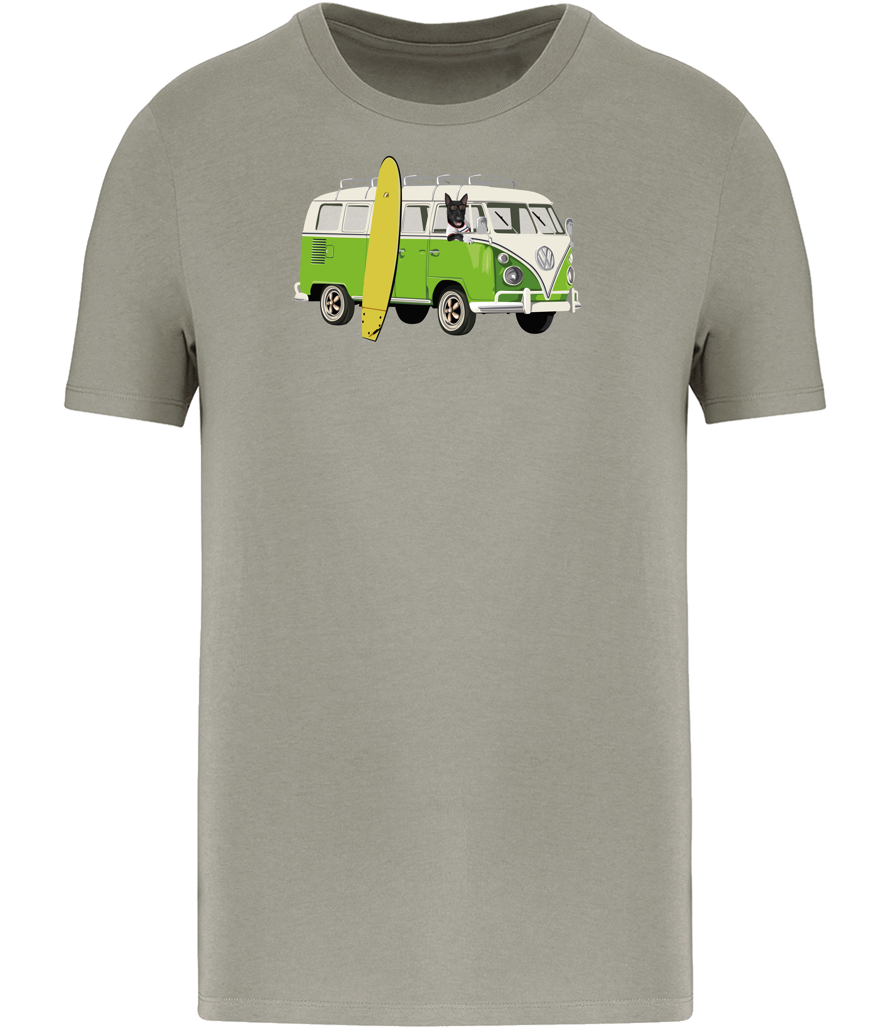 Almond Green T-shirt printed with and English Bull Terrier Dog in a camper van with a surf board
