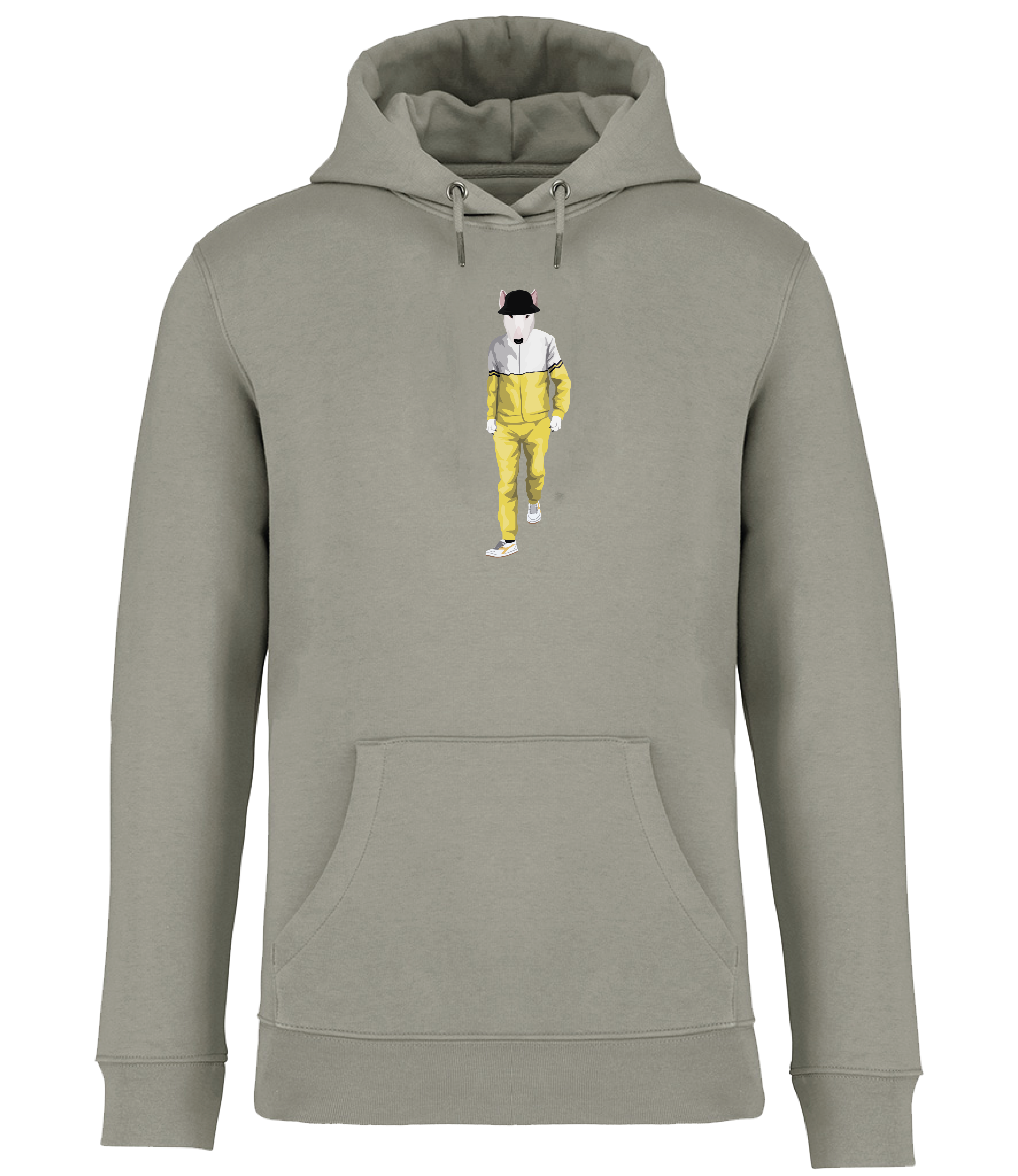 Almond Green Hoodie printed with an English Bull terrier Dog wearing a yellow and white tracksuit, trainers and a black bucket hat