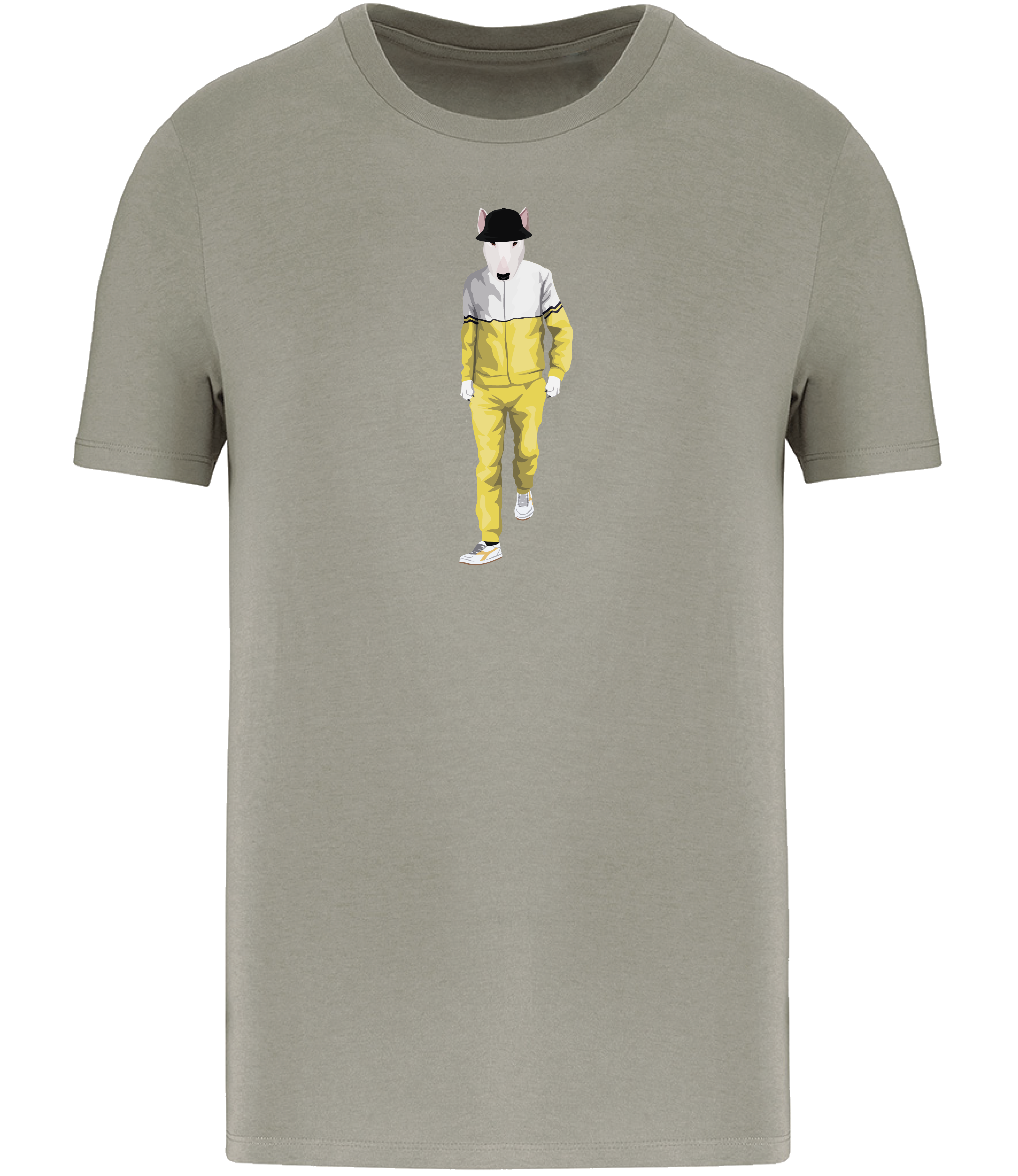 Almond Green T-shirt printed with an English Bull terrier Dog wearing a yellow and white tracksuit, trainers and a black bucket hat