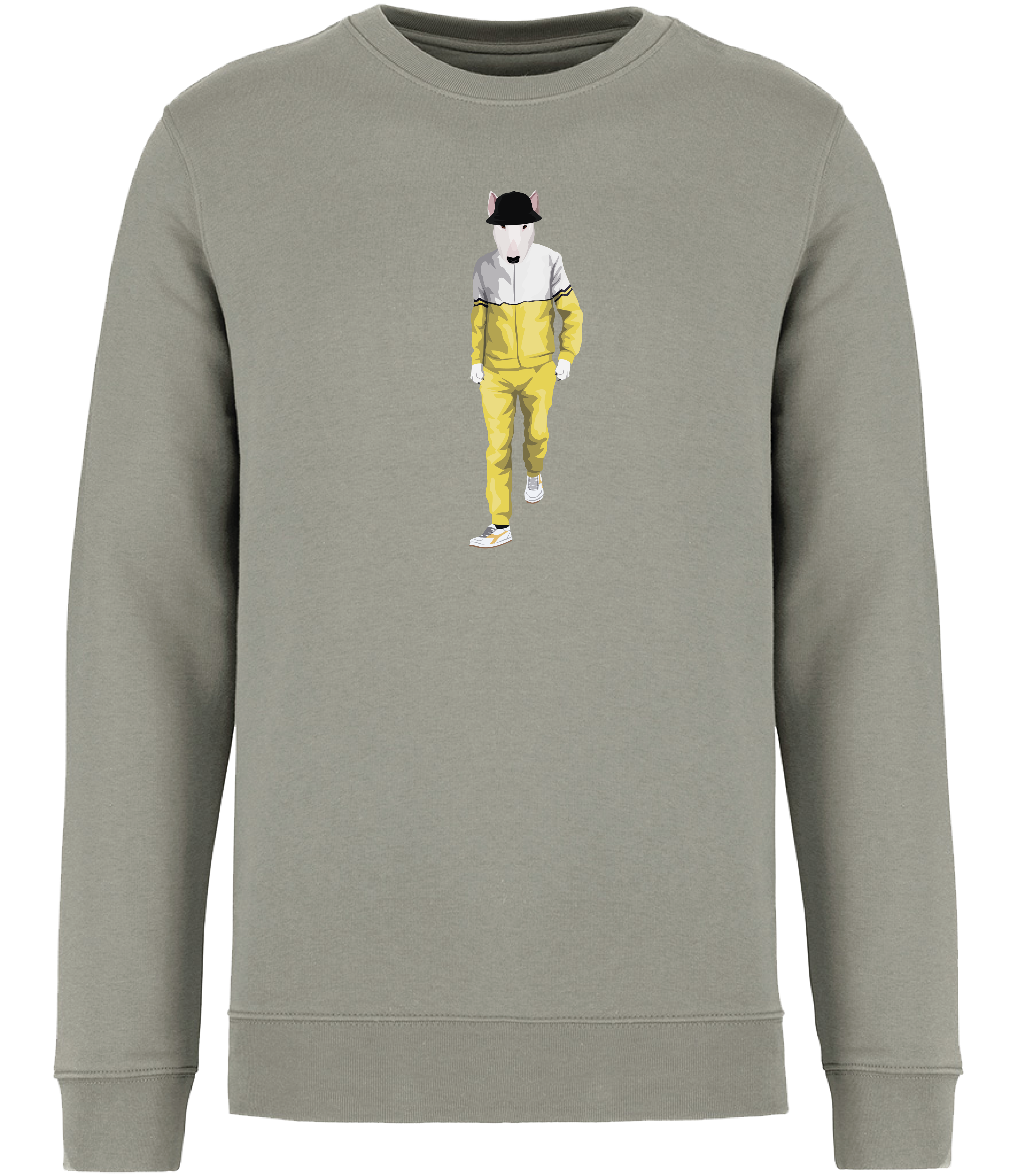 Almond Green Sweatshirt printed with an English Bull terrier Dog wearing a yellow and white tracksuit, trainers and a black bucket hat
