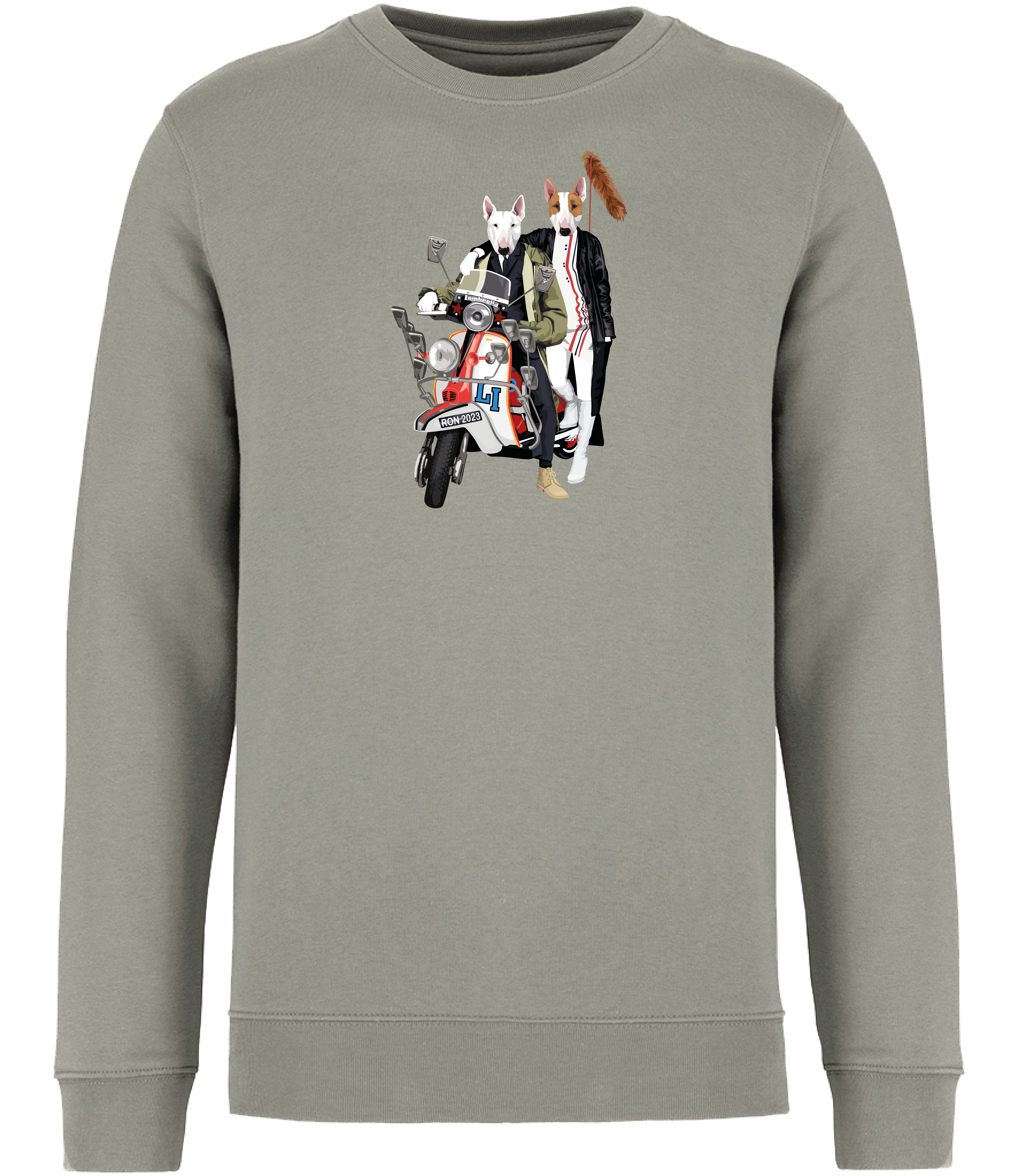 Almond Green sweatshirt printed with 2 English bull terrier dogs wearing trendy clothes riding a red and white scooter with fox tail on the back