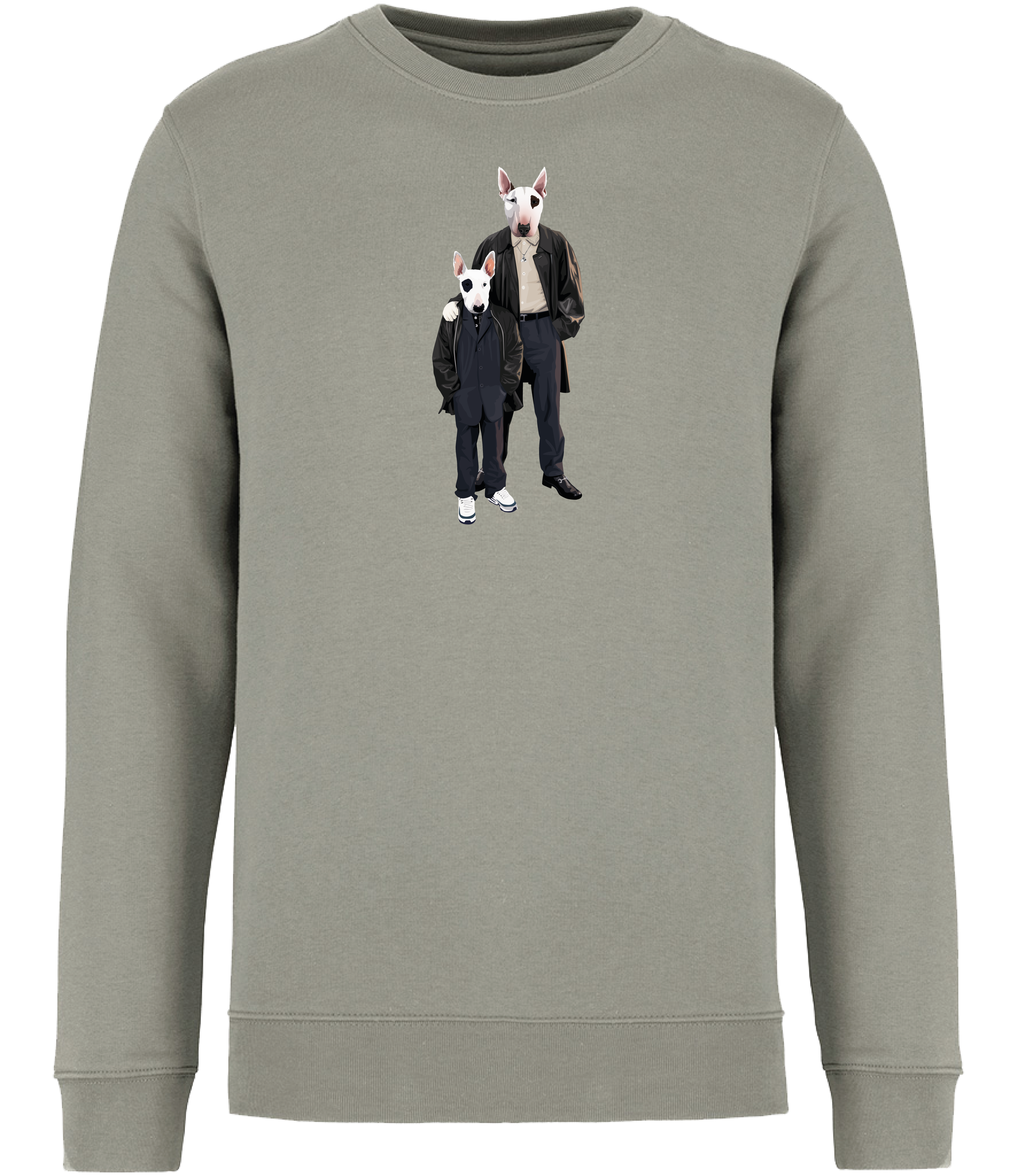 Almond Green sweatshirt printed with an adult and boy English Bull Terrier Dogs wearing suits and leather jackets