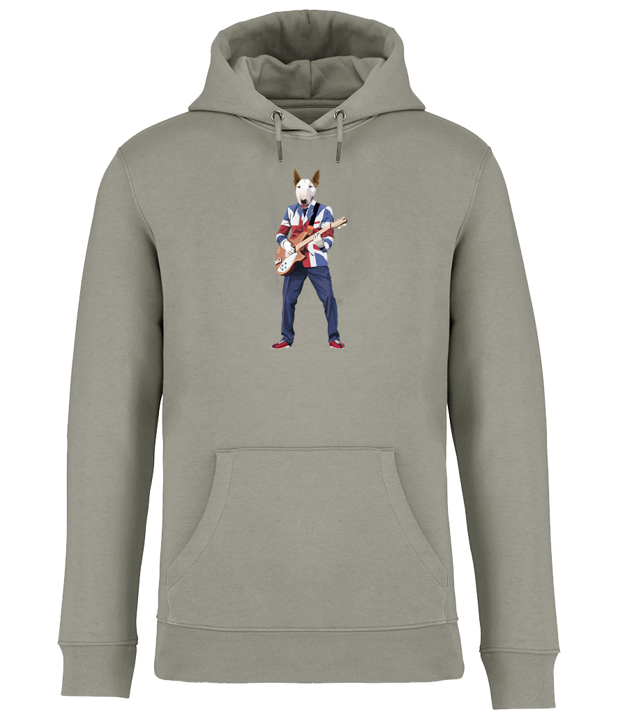 Almond Green Hoodie printed with an English Bull Terrier Dog wearing a Union Jack jacket playing a guitar