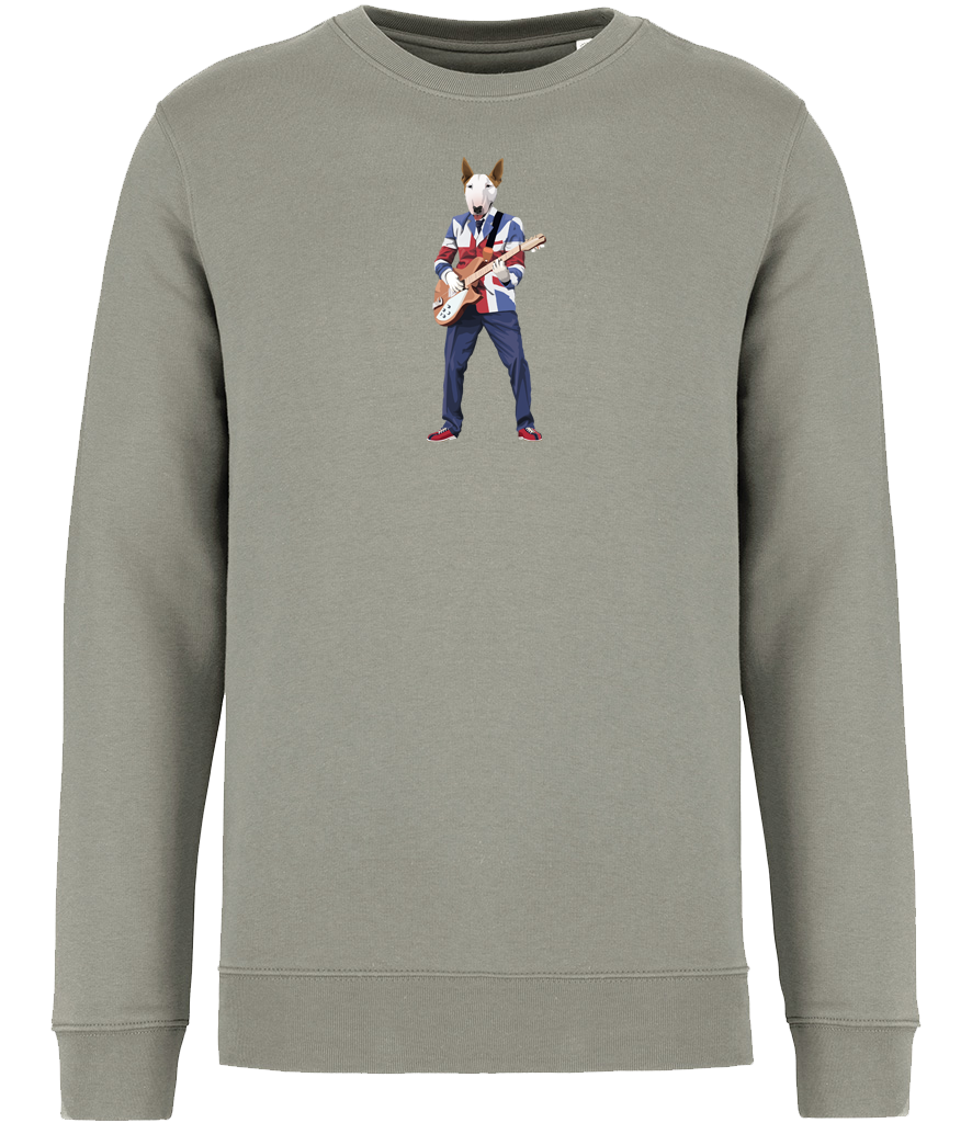 Almond Green Sweatshirt printed with an English Bull Terrier Dog wearing a Union Jack jacket playing a guitar