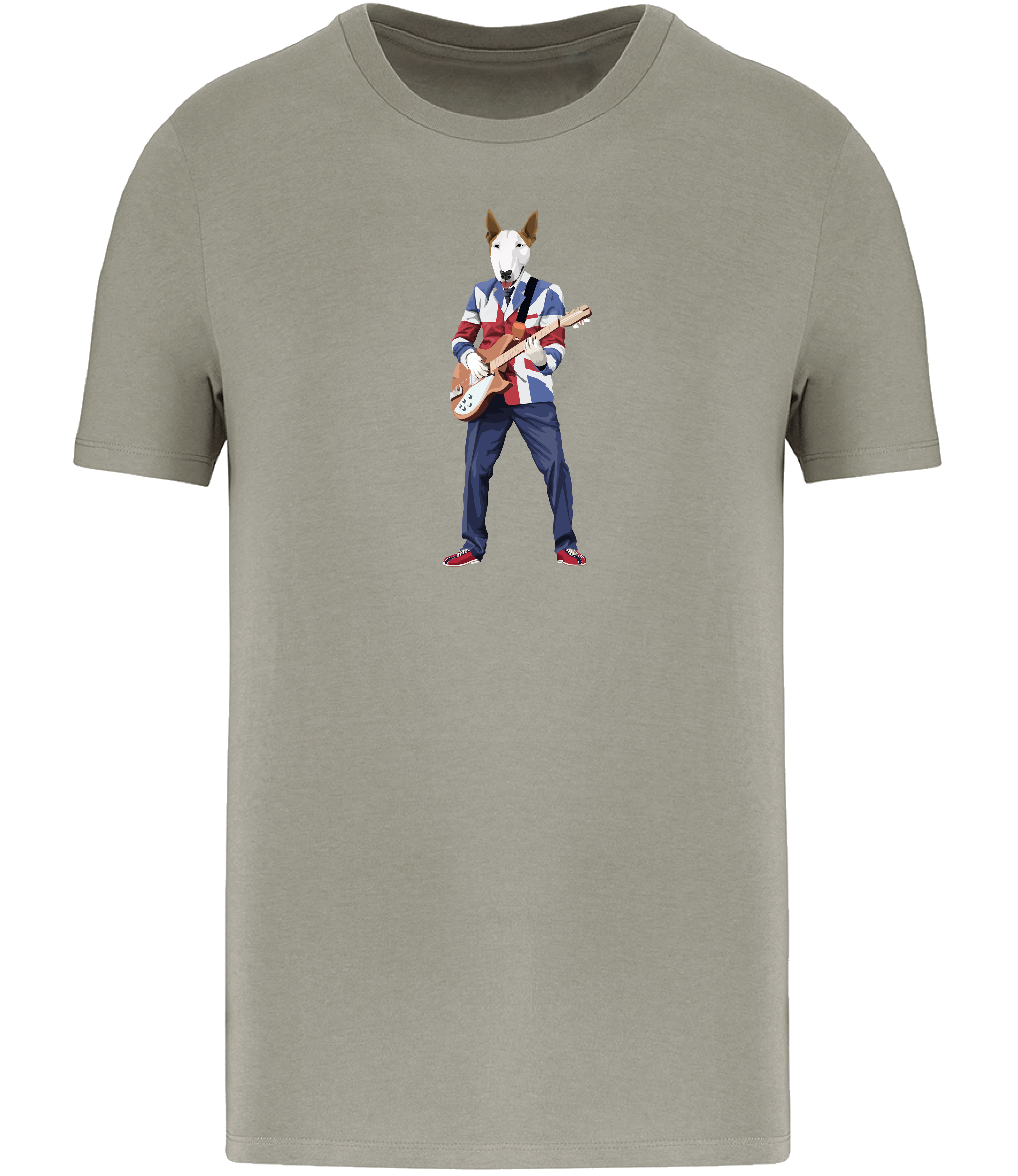 Almond Green T-shirt printed with an English Bull Terrier Dog wearing a Union Jack jacket playing a guitar