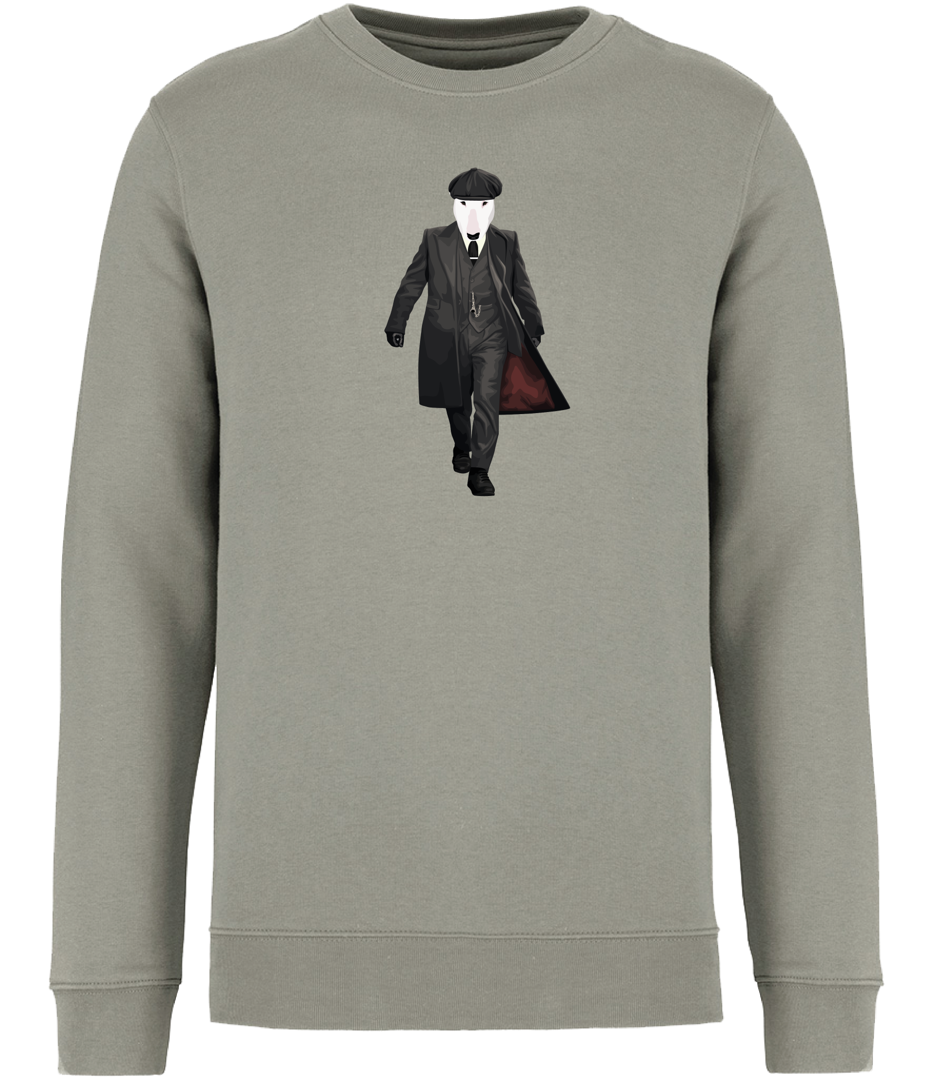 Almond Green Sweatshirt printed with an English Bull Terrier Dog dressed as the character Thomas Shelby from the TV series Peaky Blinders