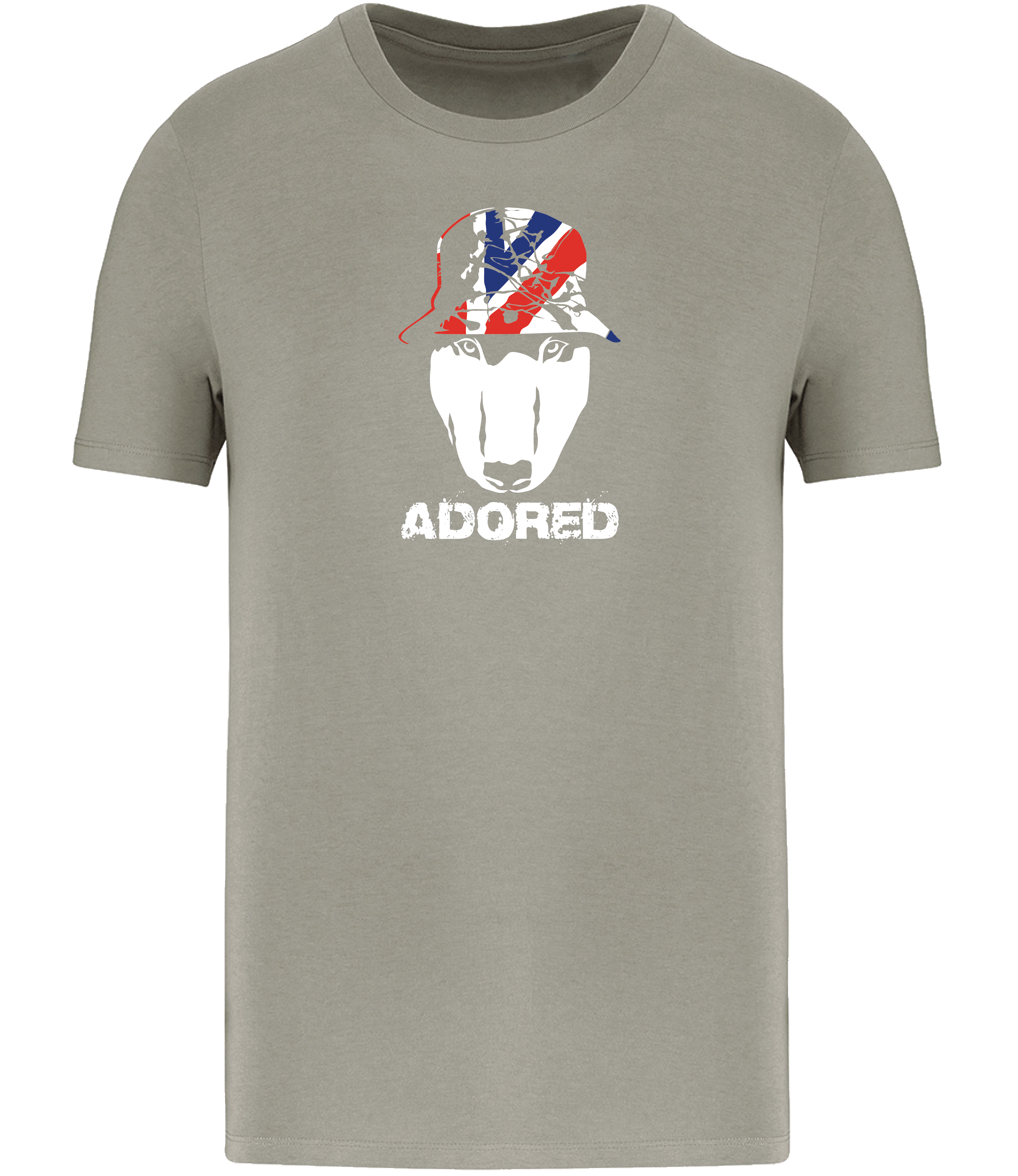 Almond Green colour t-shirt with short sleeves and a crew neckline featuring an English Bull Terrier face design wearing a union jack hat and the word Adored underneath