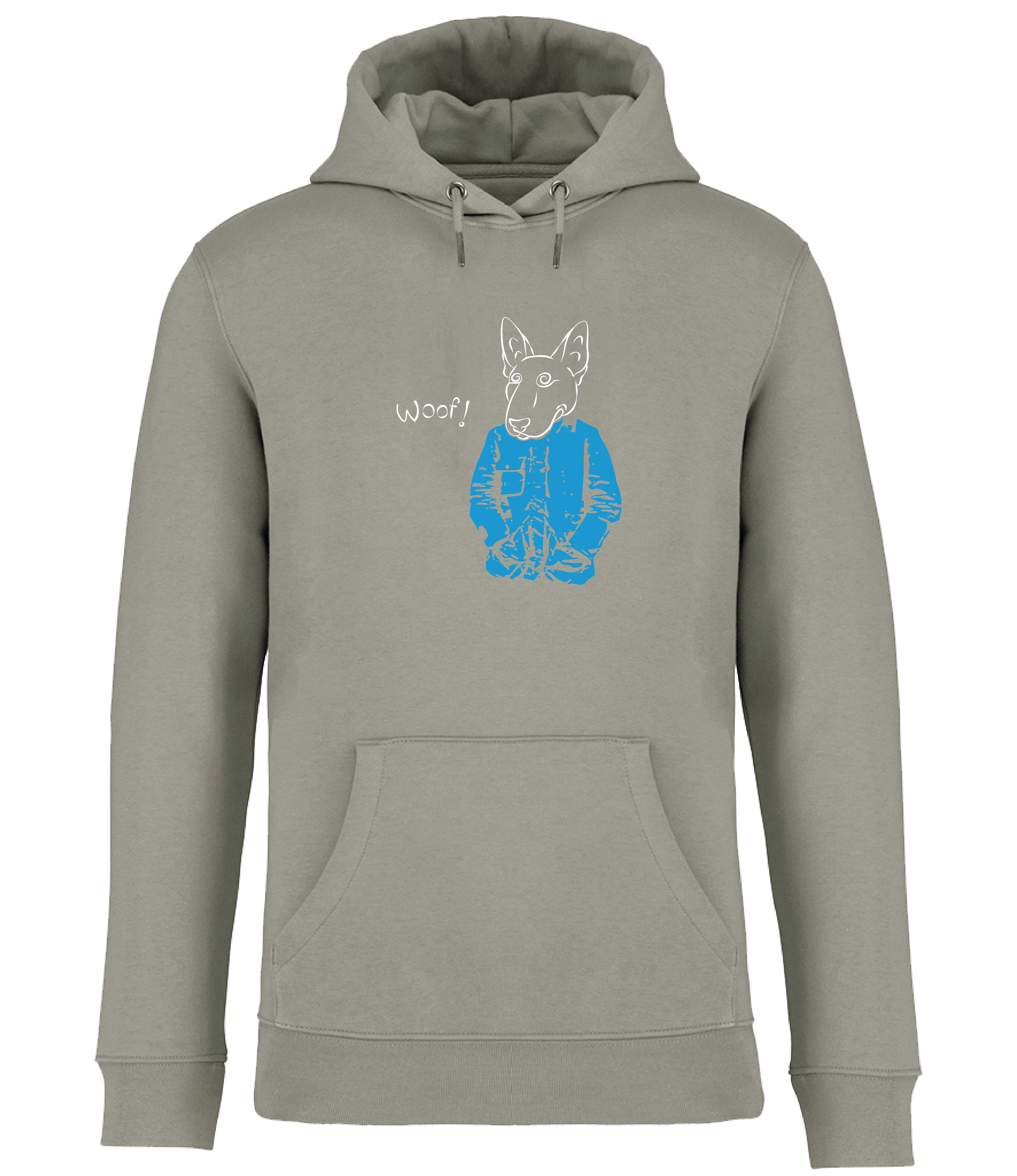 Almond Green Hoodie from Ronnies Casuals printed with a drawing of an English Bull Terrier Dog wearing a blue jacket and the word woof 