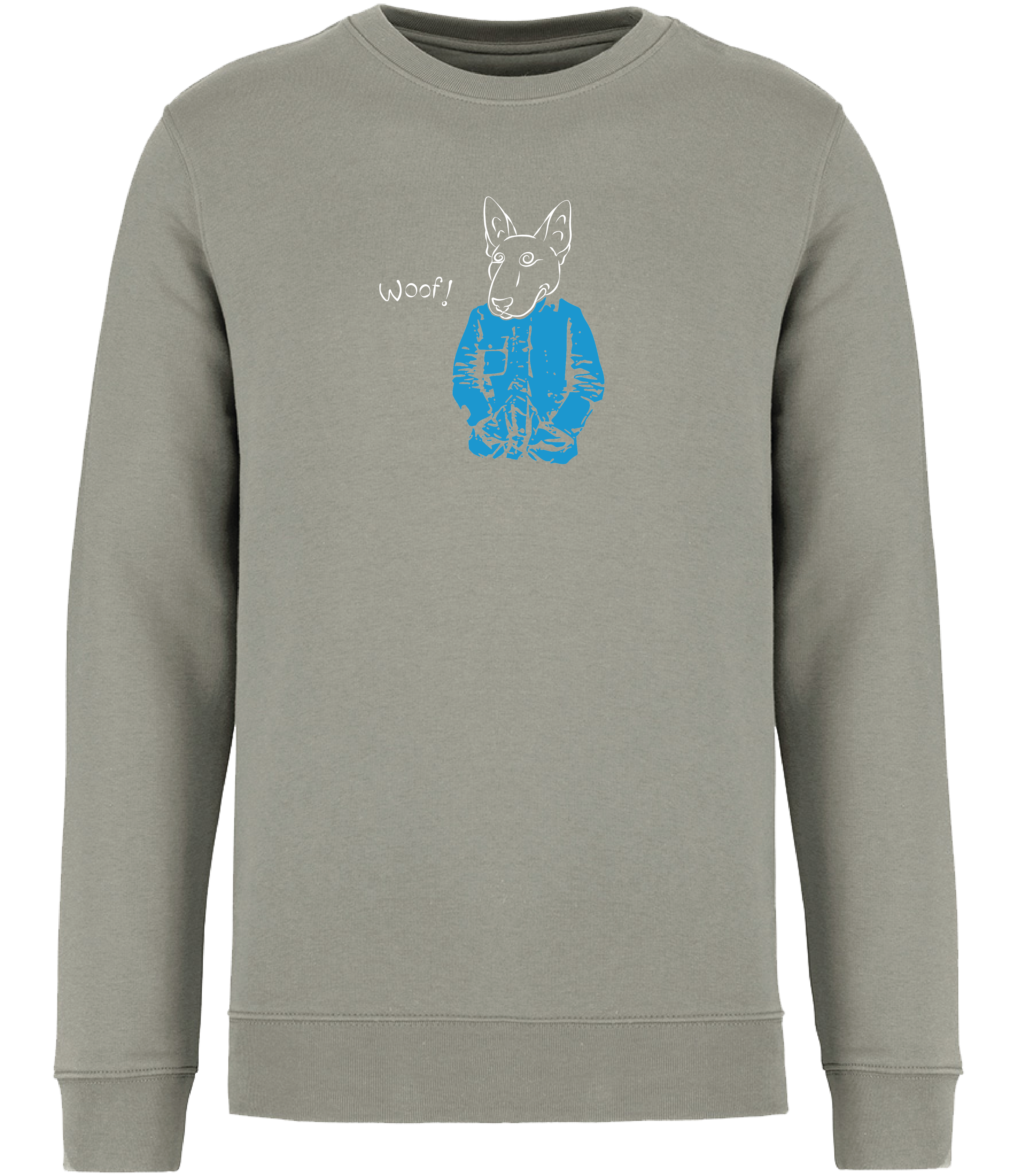 Ronnies Casuals Almond Green Sweatshirt printed with a drawing of an English Bull Terrier Dog wearing a blue jacket and the word woof 