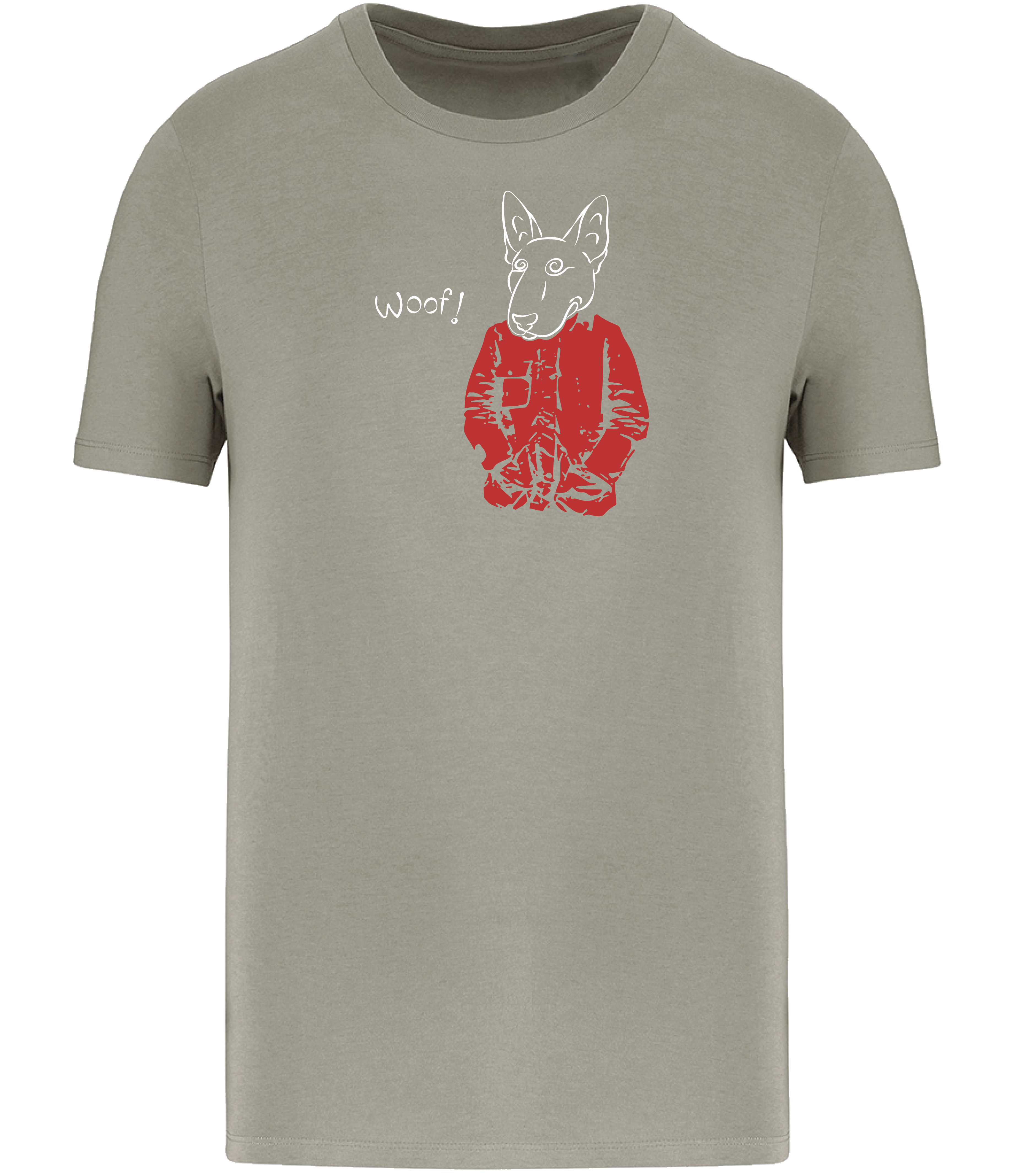 Almond Green T-shirt printed with a drawing of an English Bull Terrier Dog wearing a Red jacket and the word woof 