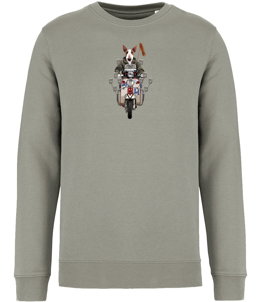 Ronnies Casuals green sweatshirt showing an english bull terrier dog dressed as a mod riding a mod scooter. Available in S, M, L, XL, 2XL, 3XL.