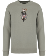 Ronnies Casuals green sweatshirt showing an english bull terrier dog dressed as a mod riding a mod scooter. Available in S, M, L, XL, 2XL, 3XL.